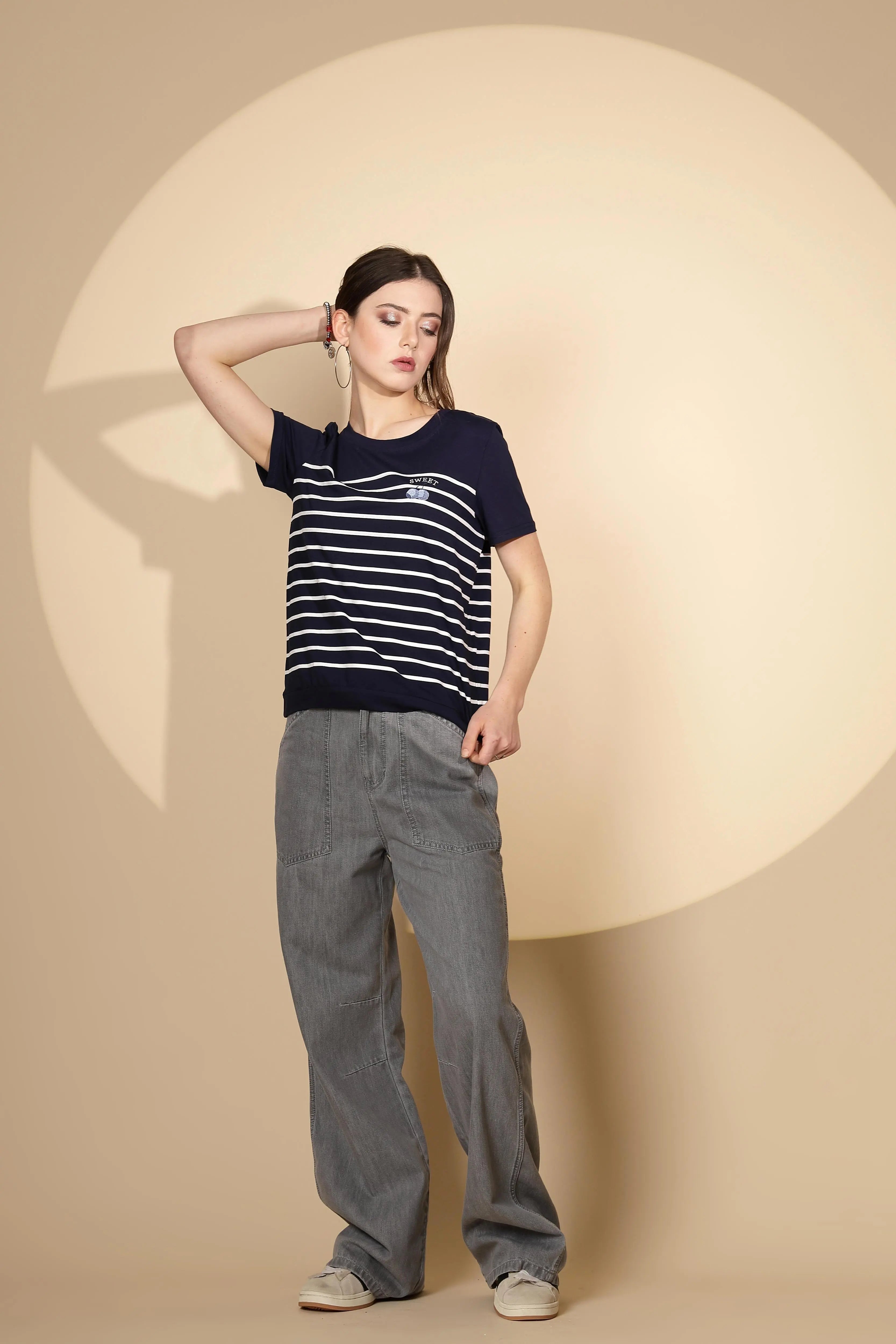 Navy Blue Cotton Blend Striped Top - Global Republic