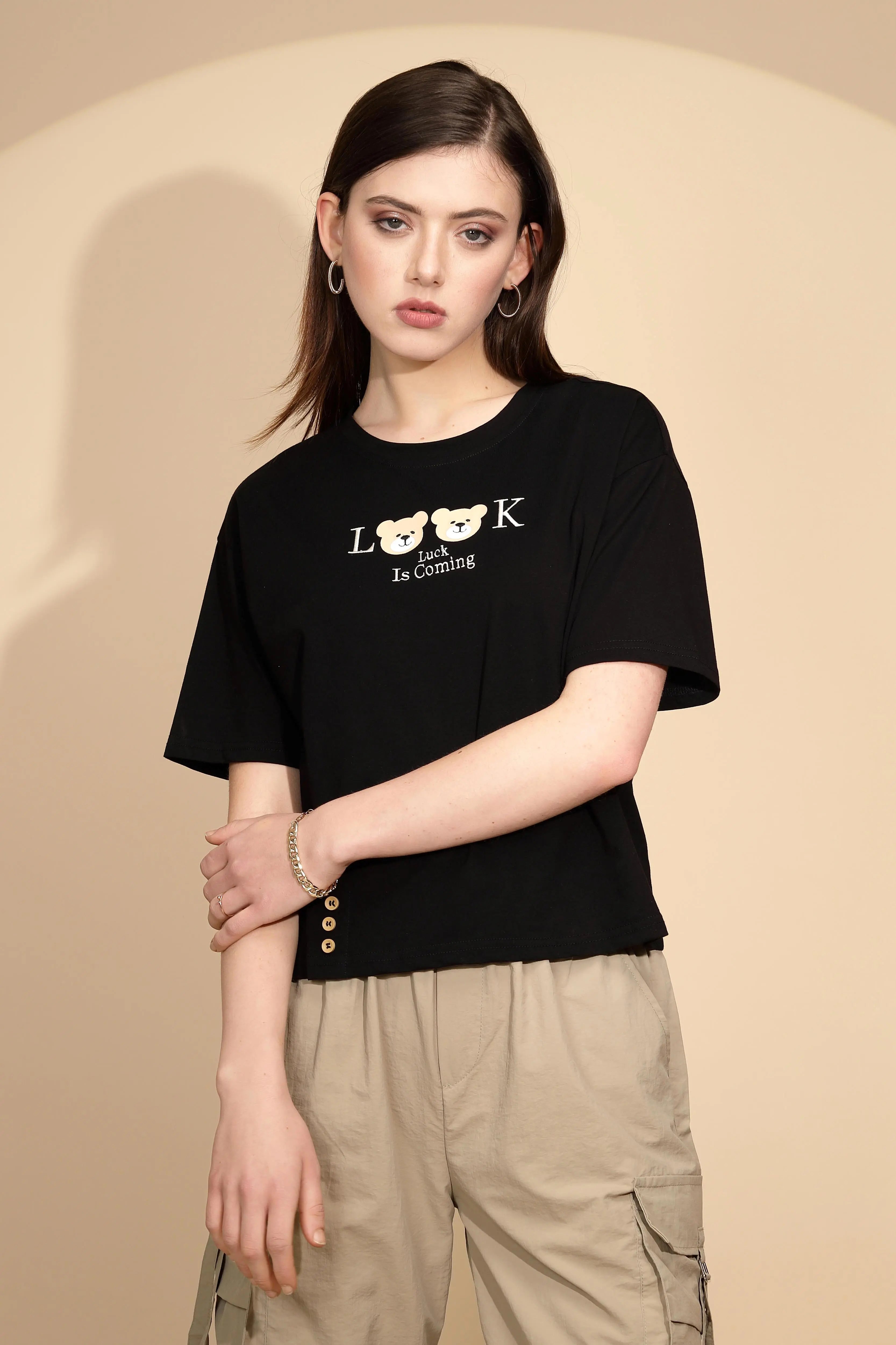 Black Cotton Blend Regular Fit Top - Global Republic
