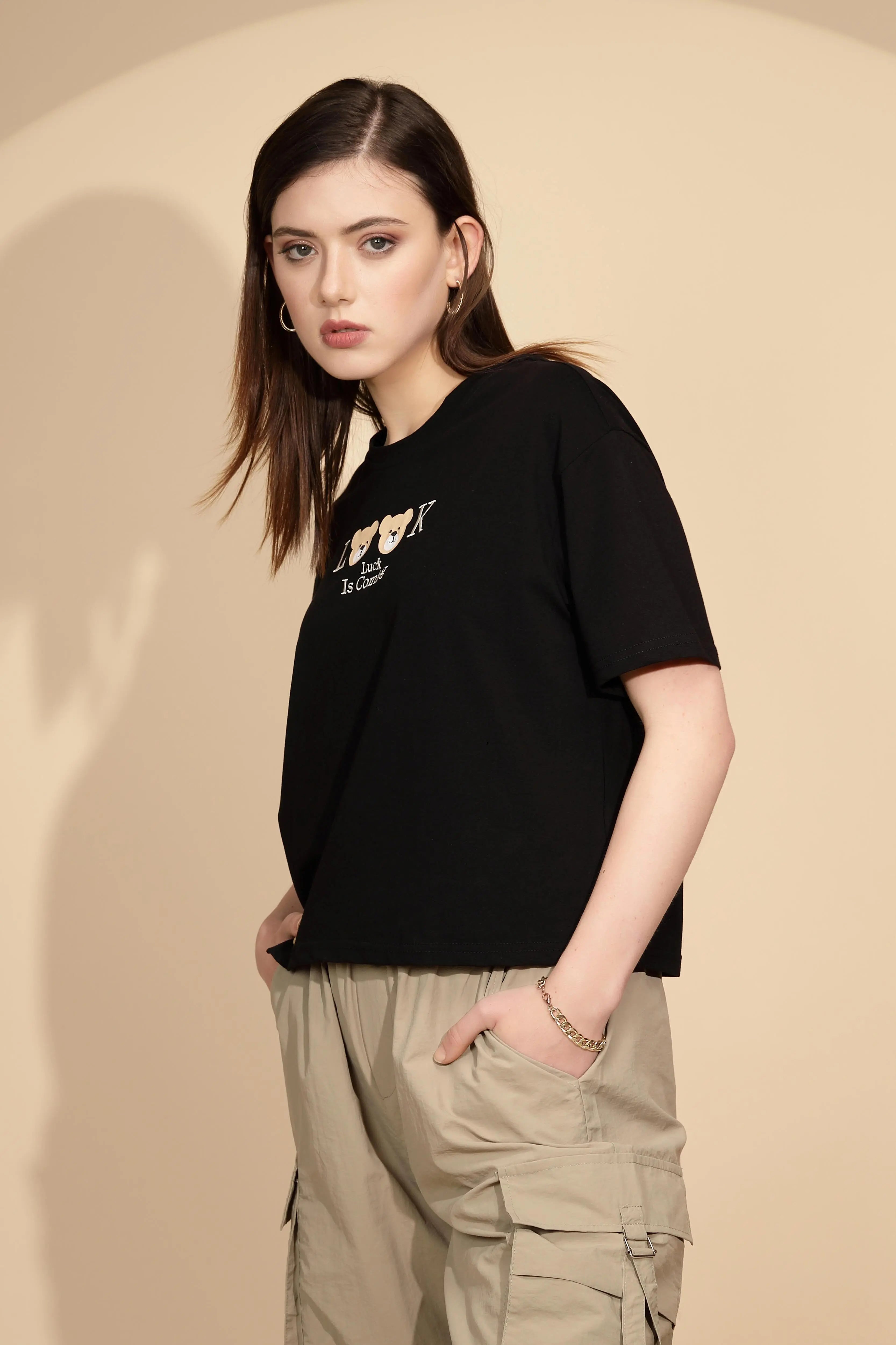 Black Cotton Blend Regular Fit Top - Global Republic