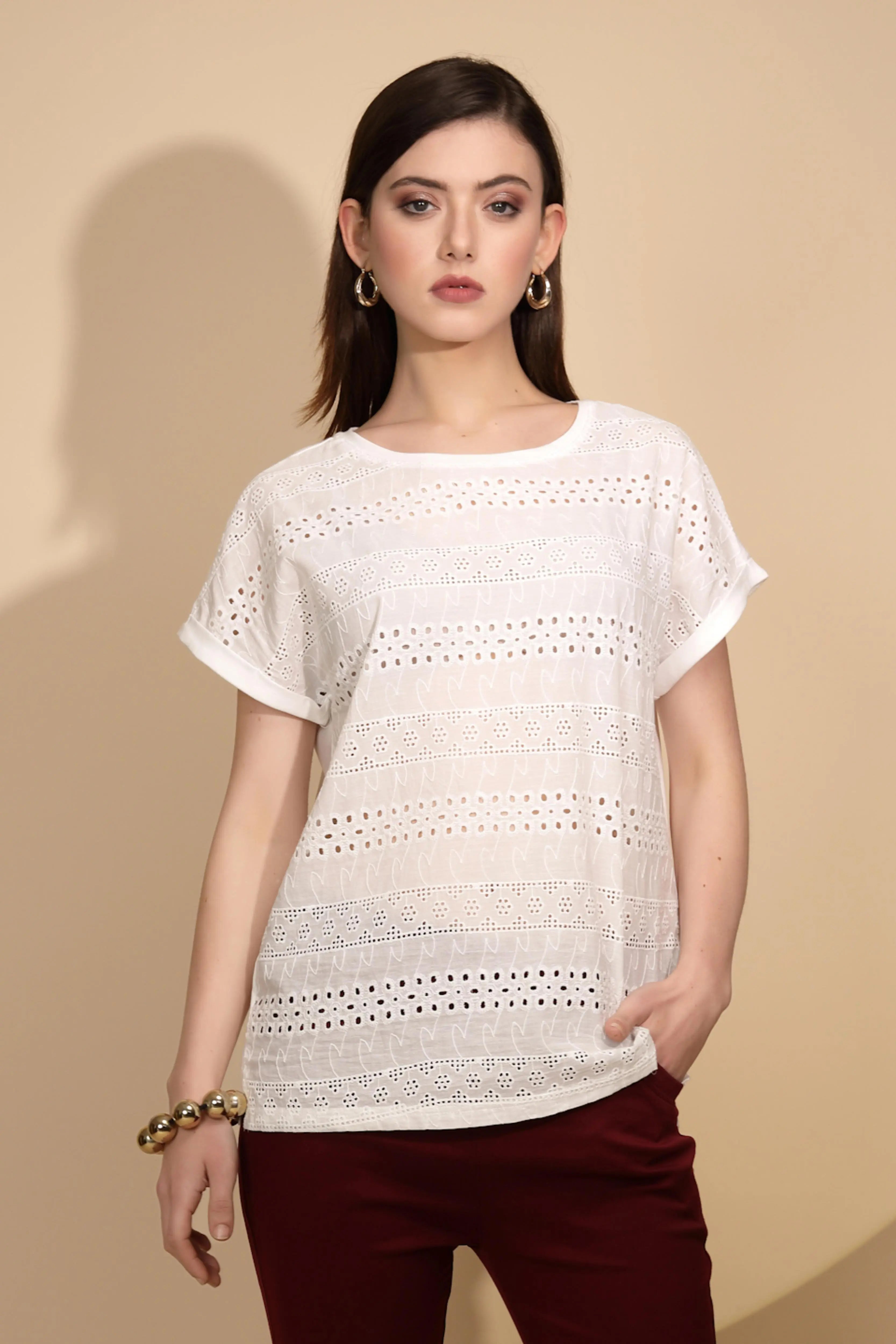 White Cotton Schiffli Top - Global Republic