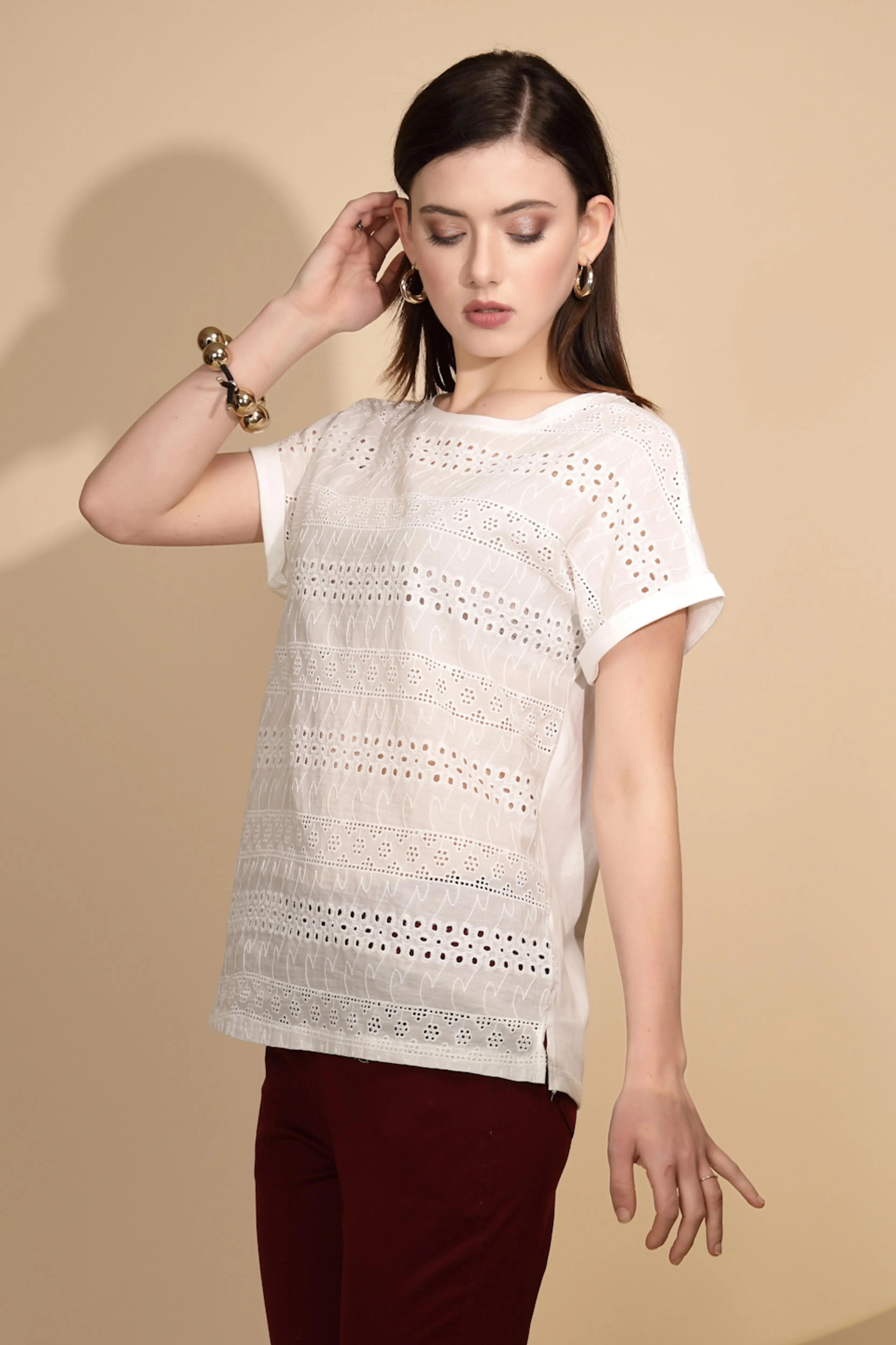 White Cotton Schiffli Top - Global Republic