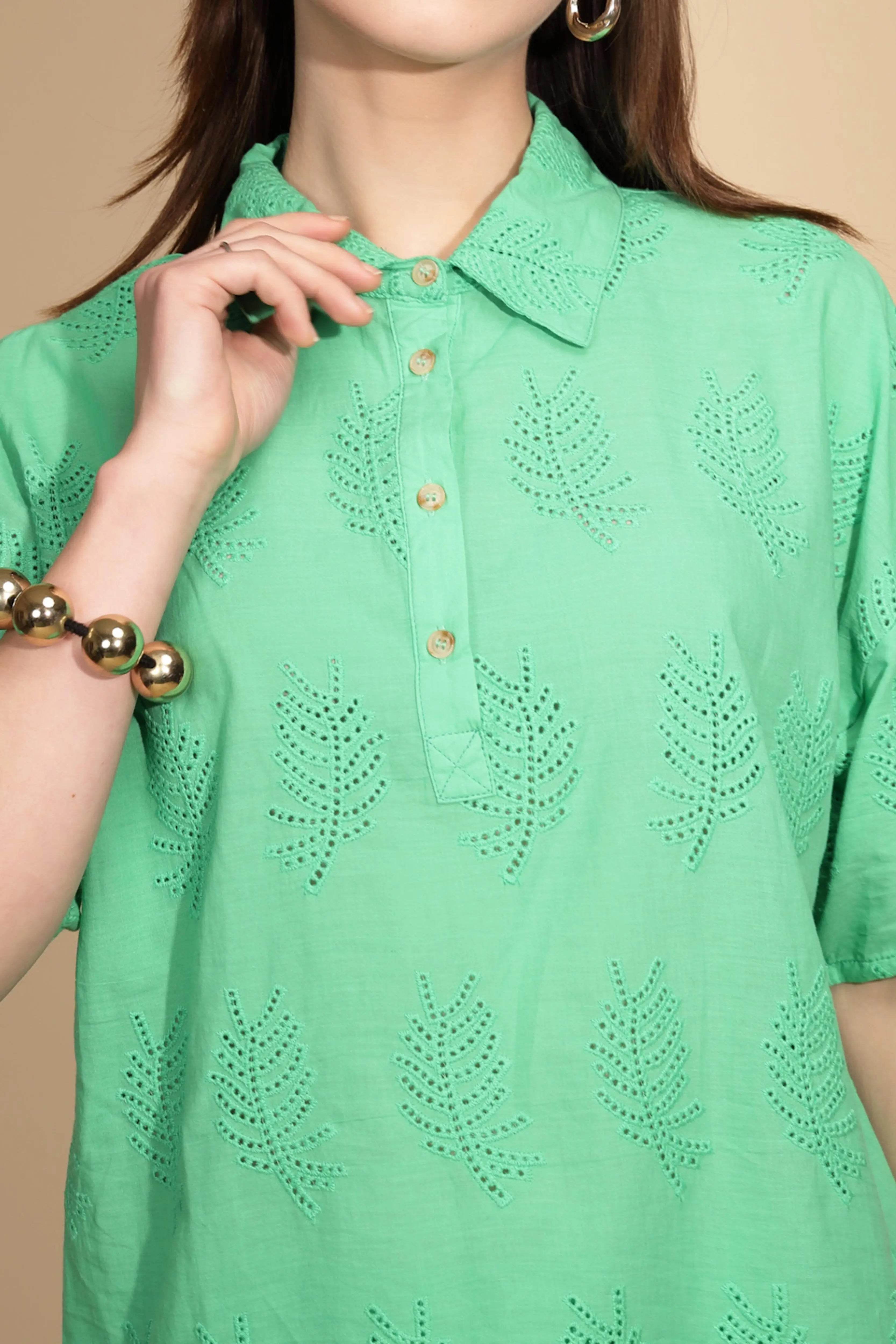 Green Embroidered Cotton Shirt - Global Republic
