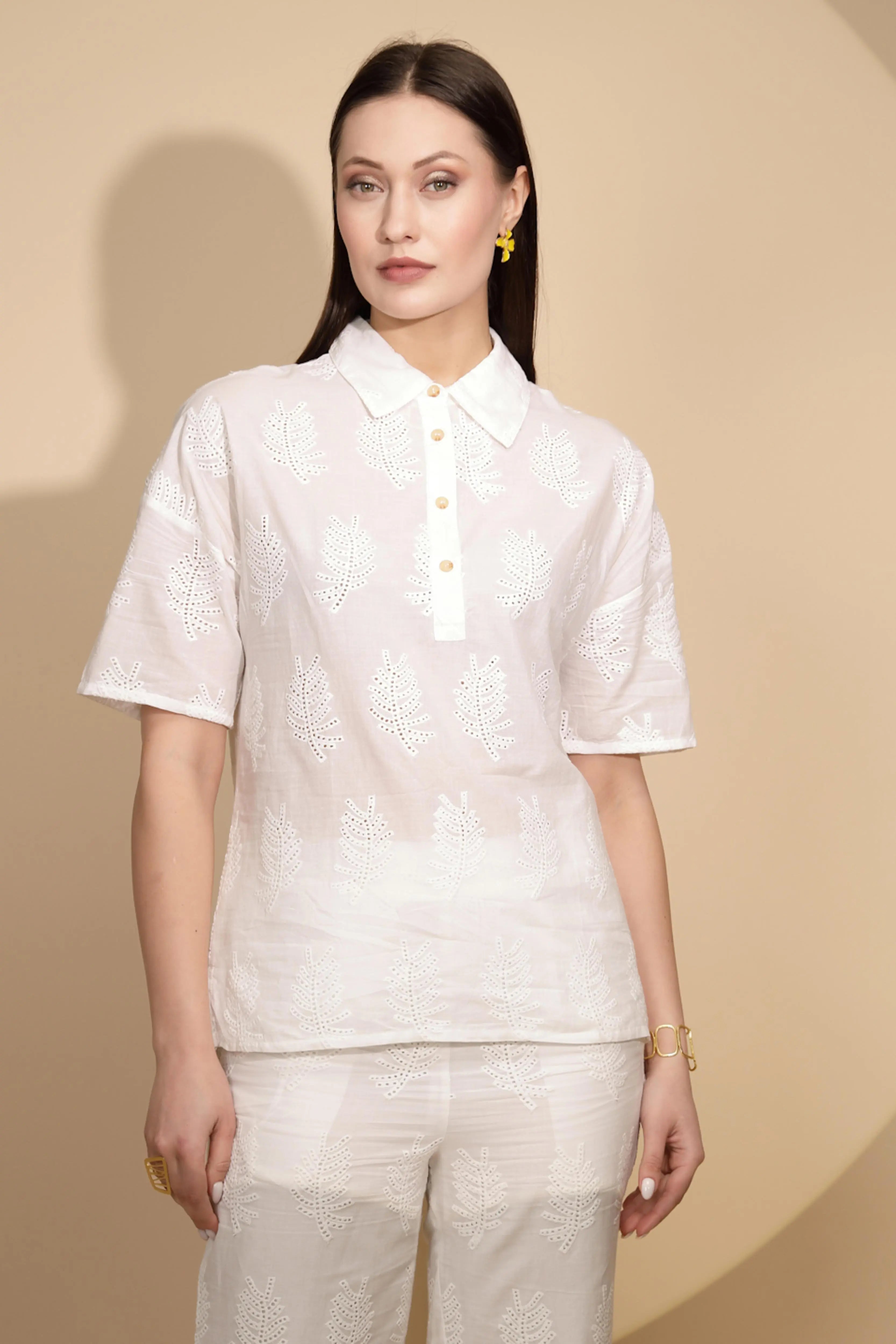 White Embroidered Cotton Shirt Top - Global Republic