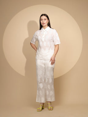 White Embroidered Cotton Shirt Top