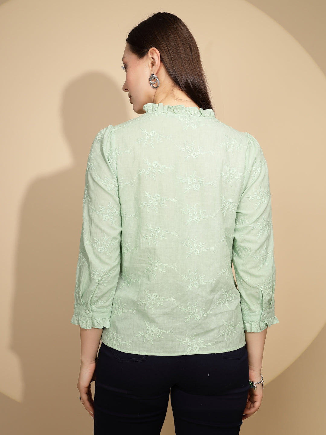 Pista Green Embroidered Cotton Shirt