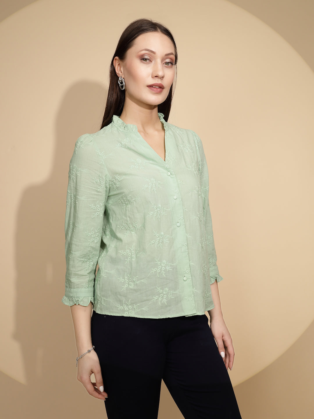 Pista Green Embroidered Cotton Shirt