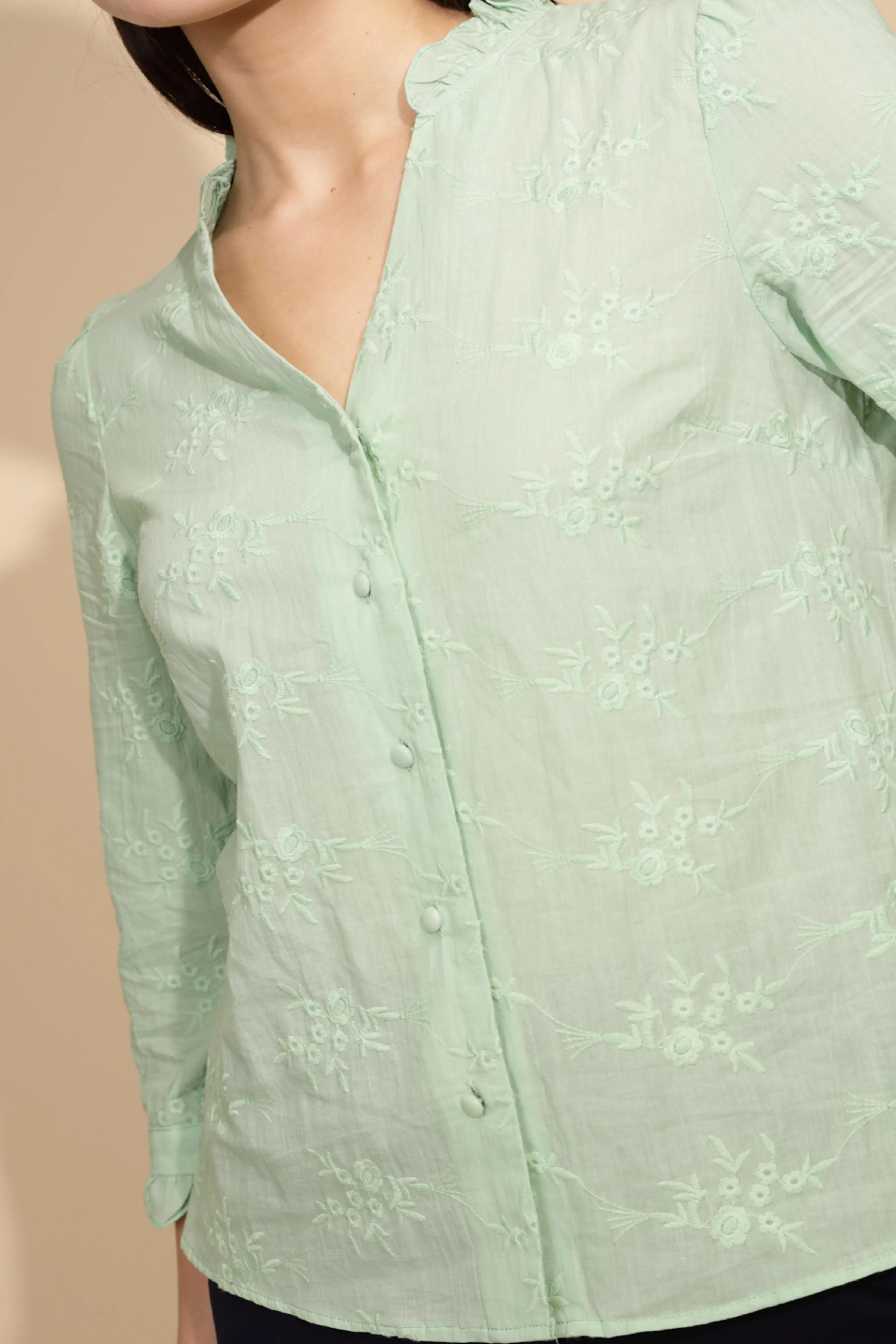 Pista Green Embroidered Cotton Shirt - Global Republic