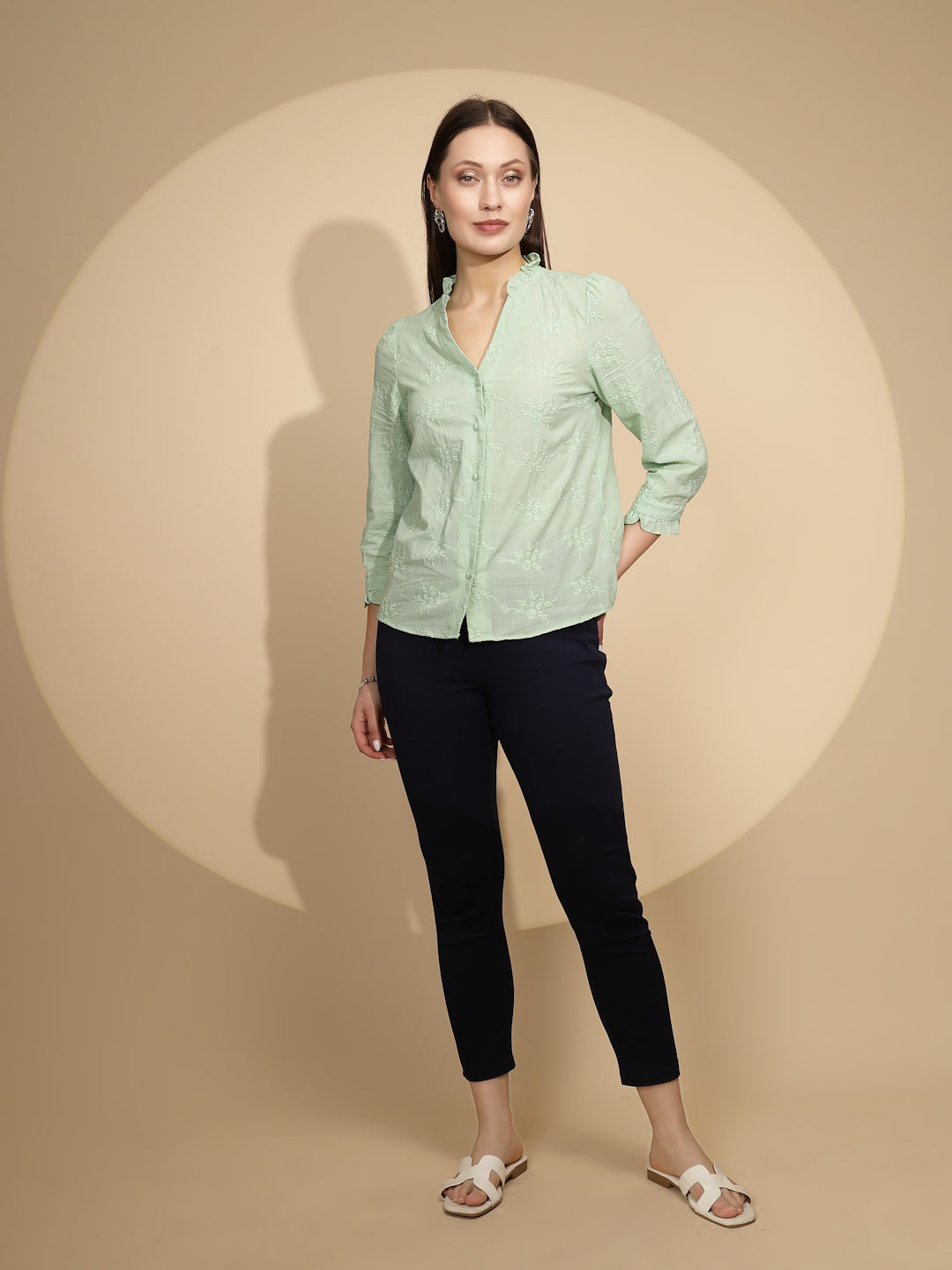 Pista Green Embroidered Cotton Shirt