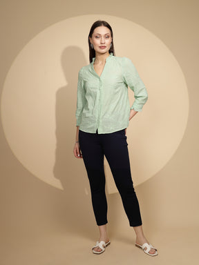 Pista Green Embroidered Cotton Shirt