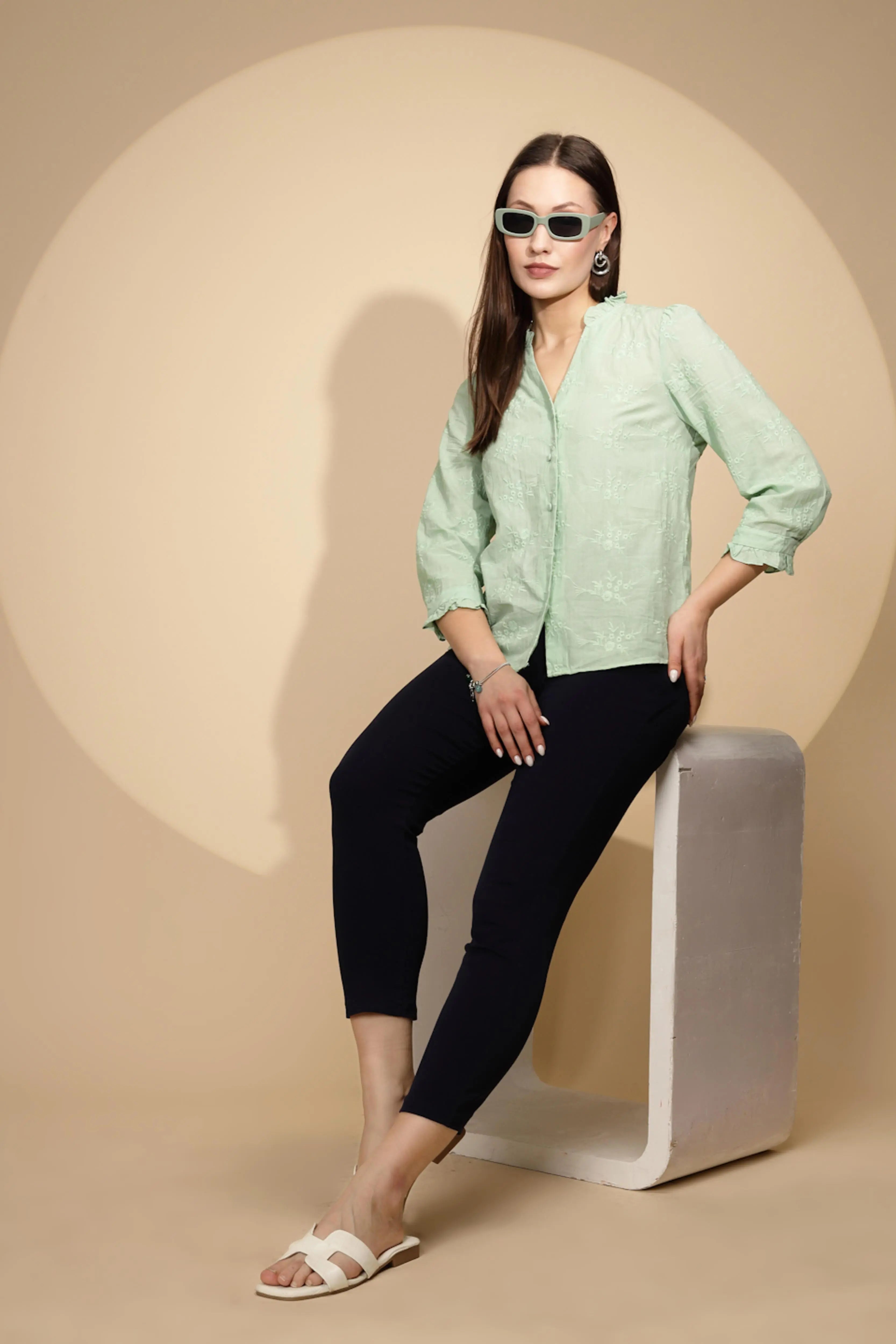 Pista Green Embroidered Cotton Shirt - Global Republic