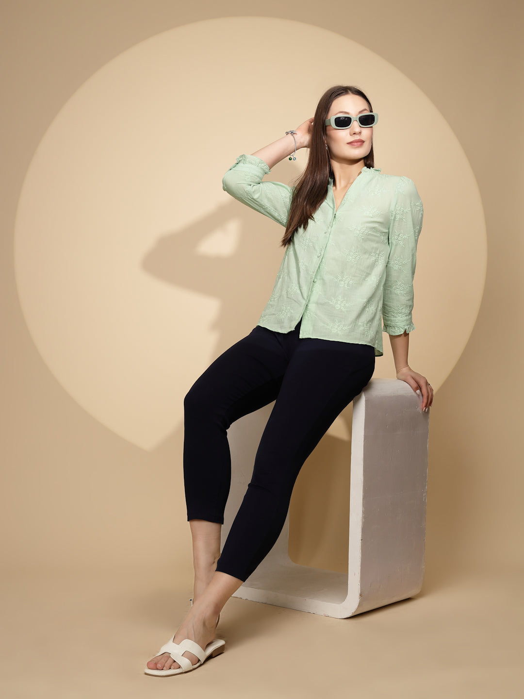 Pista Green Embroidered Cotton Shirt