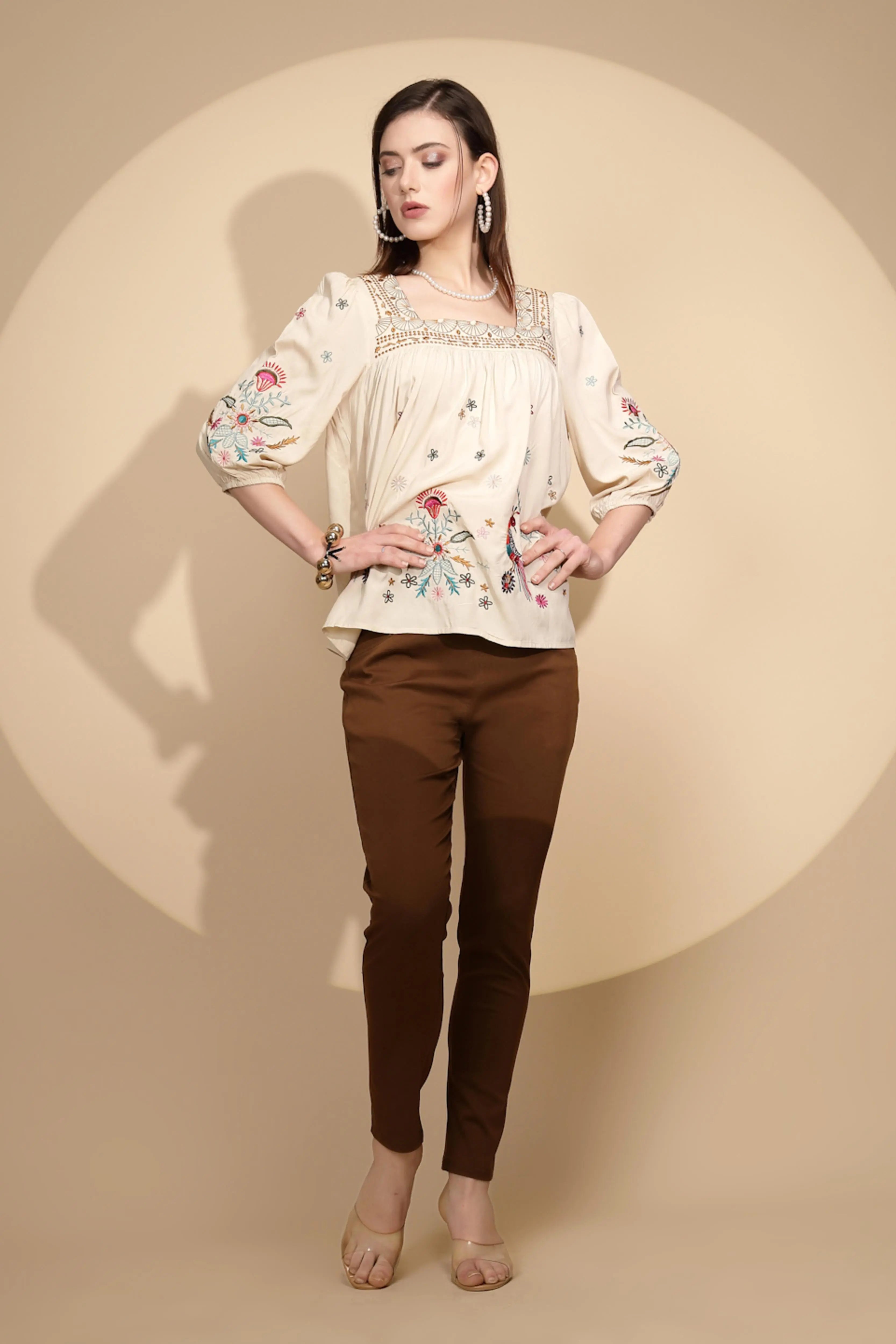 Beige Cotton Regular Fit Blouson Top - Global Republic