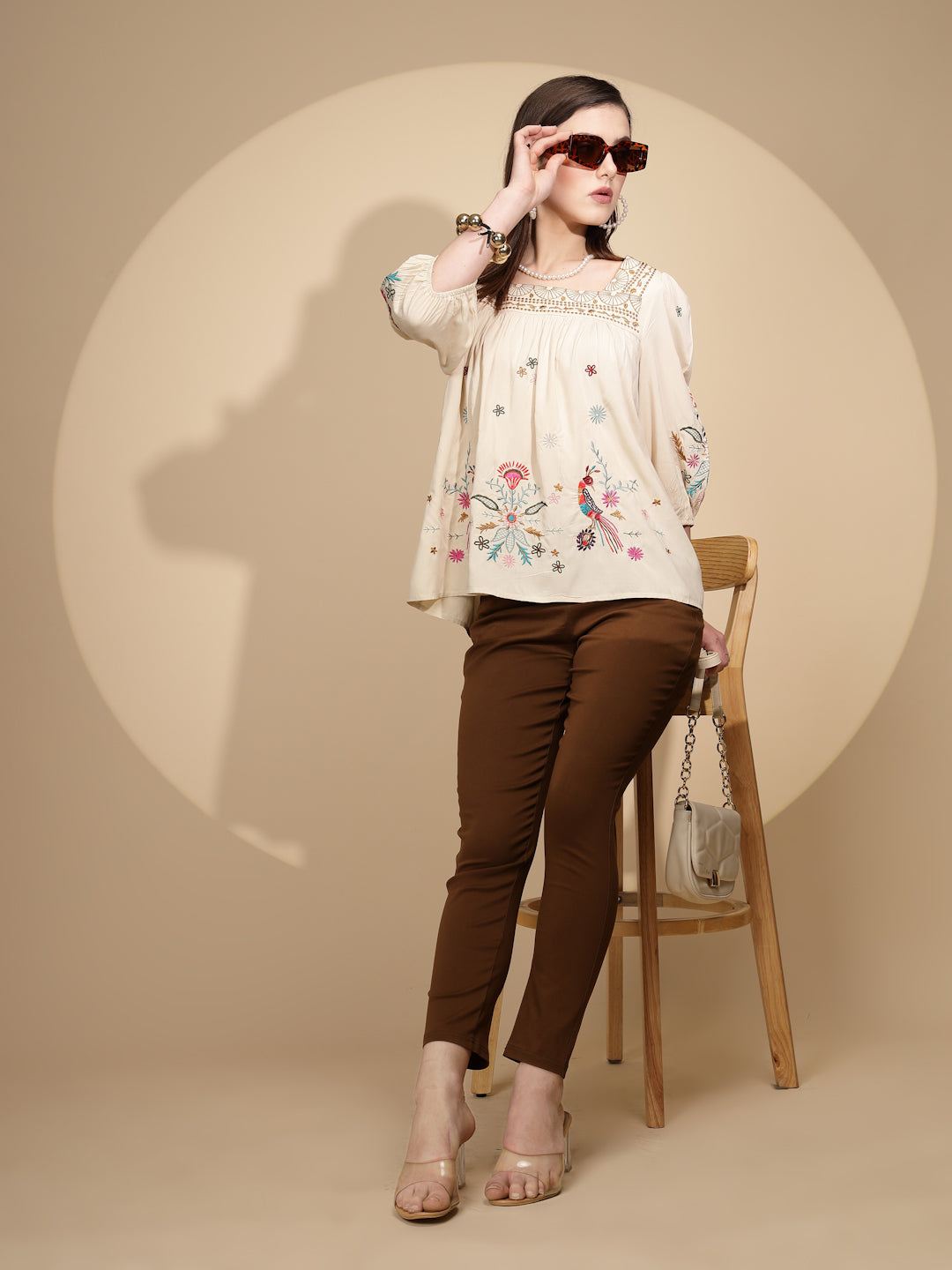 Beige Cotton Regular Fit Blouson Top
