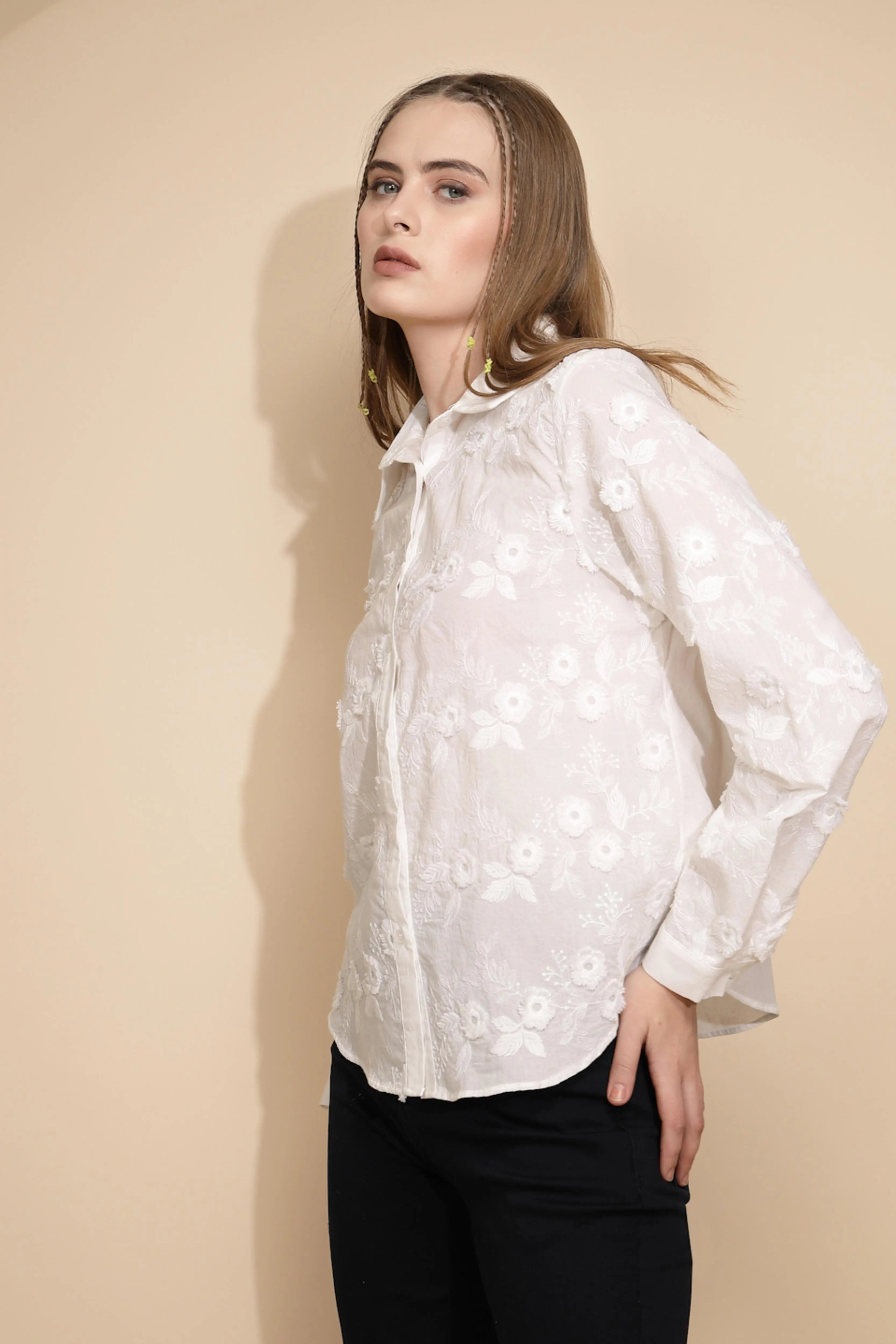 White 3D Embroidered Cotton Shirt - Global Republic