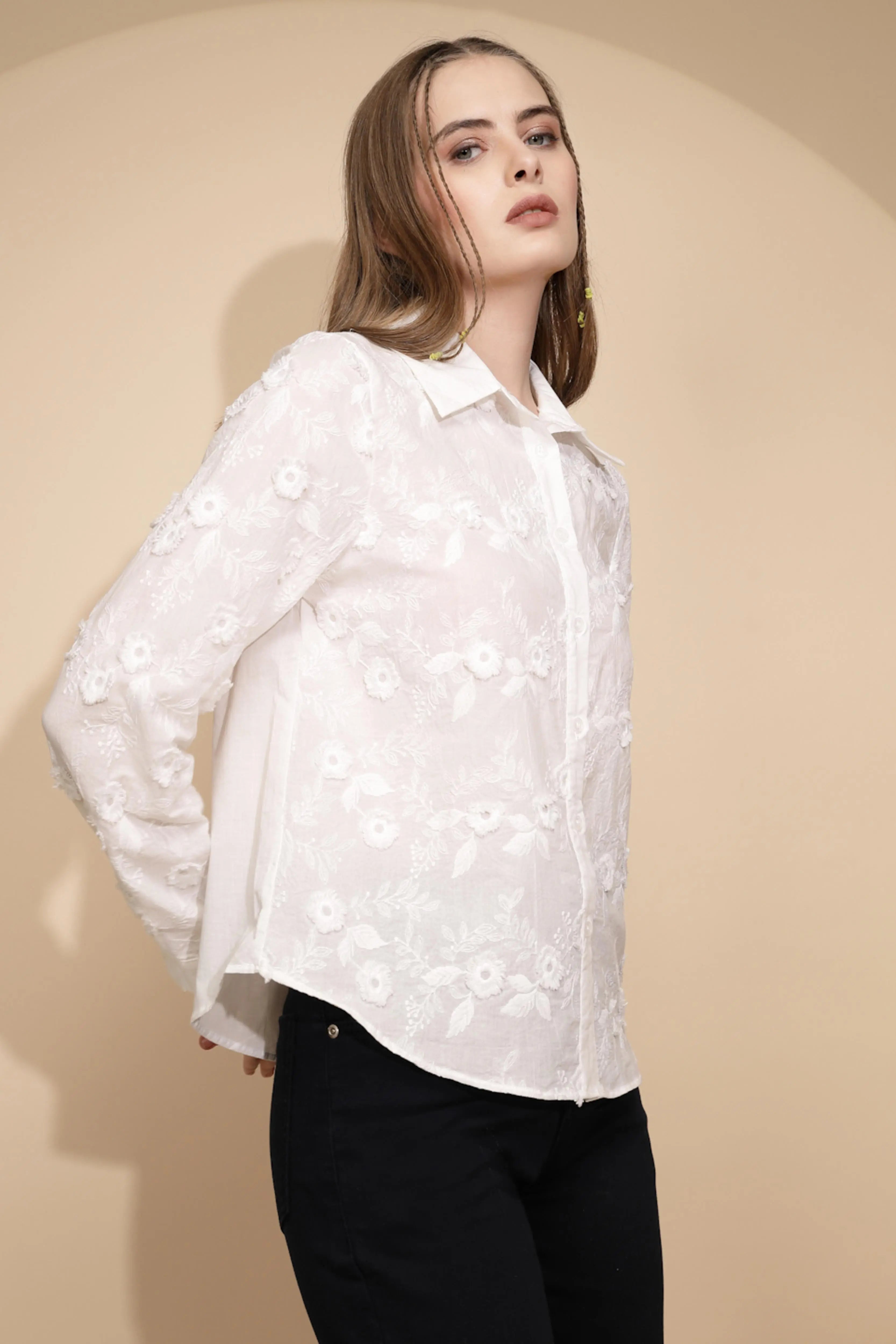 White 3D Embroidered Cotton Shirt - Global Republic