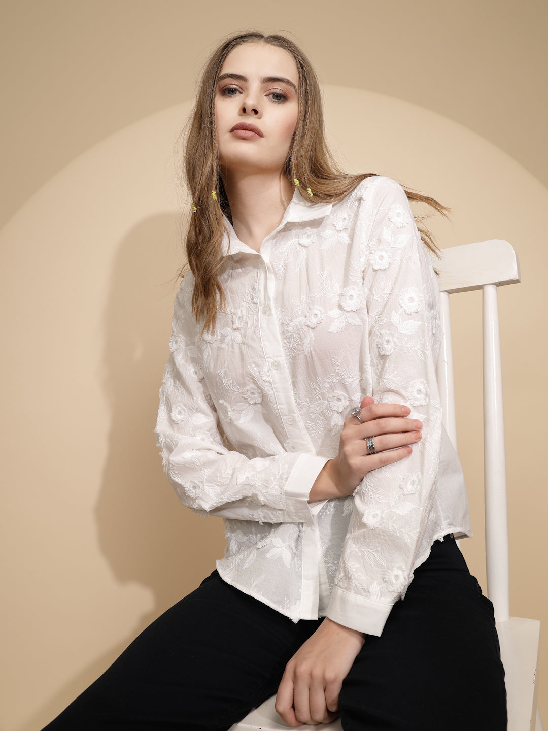 White 3D Embroidered Cotton Shirt - Global Republic