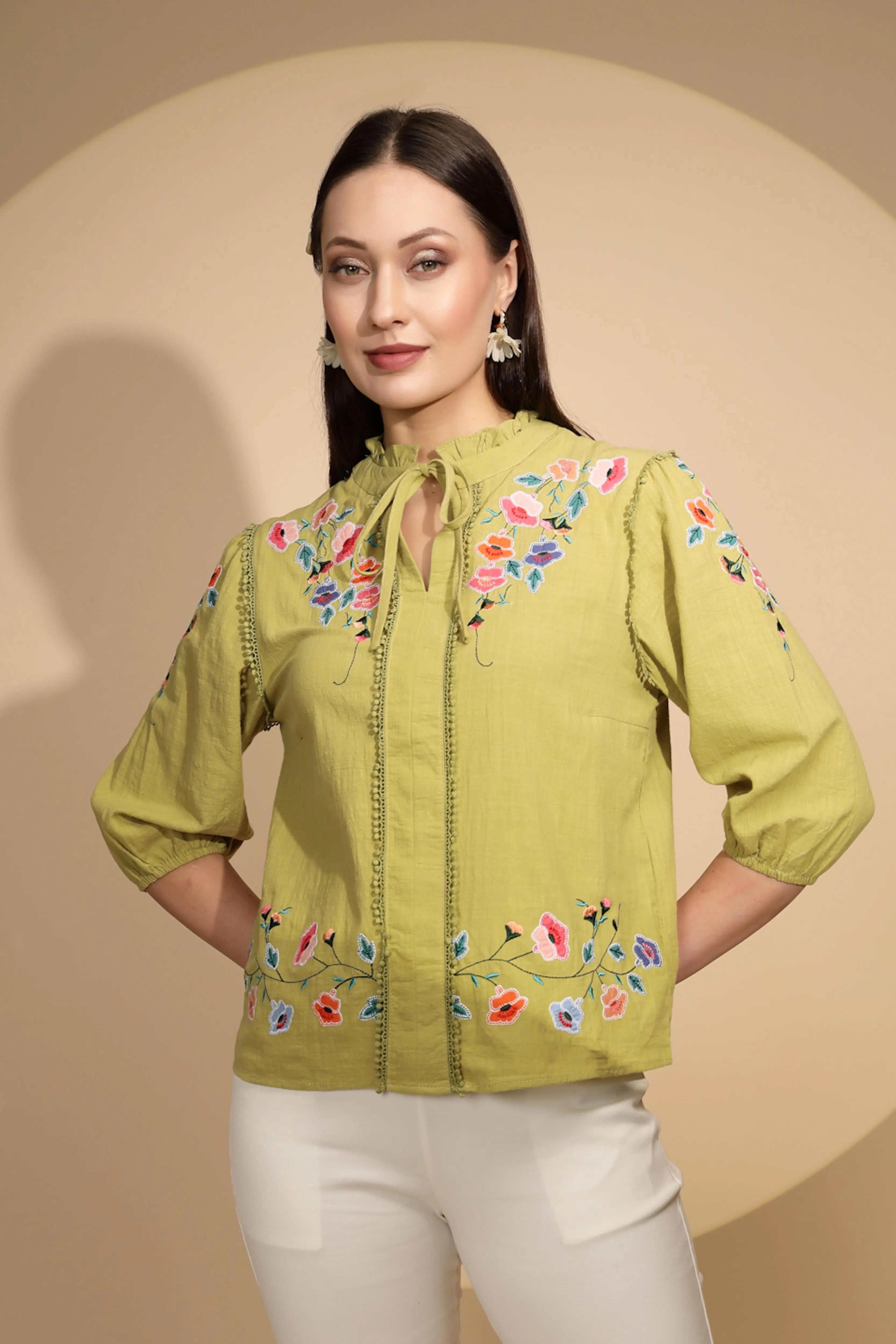 Green Cotton Regular Fit Blouson Top For Women - Global Republic