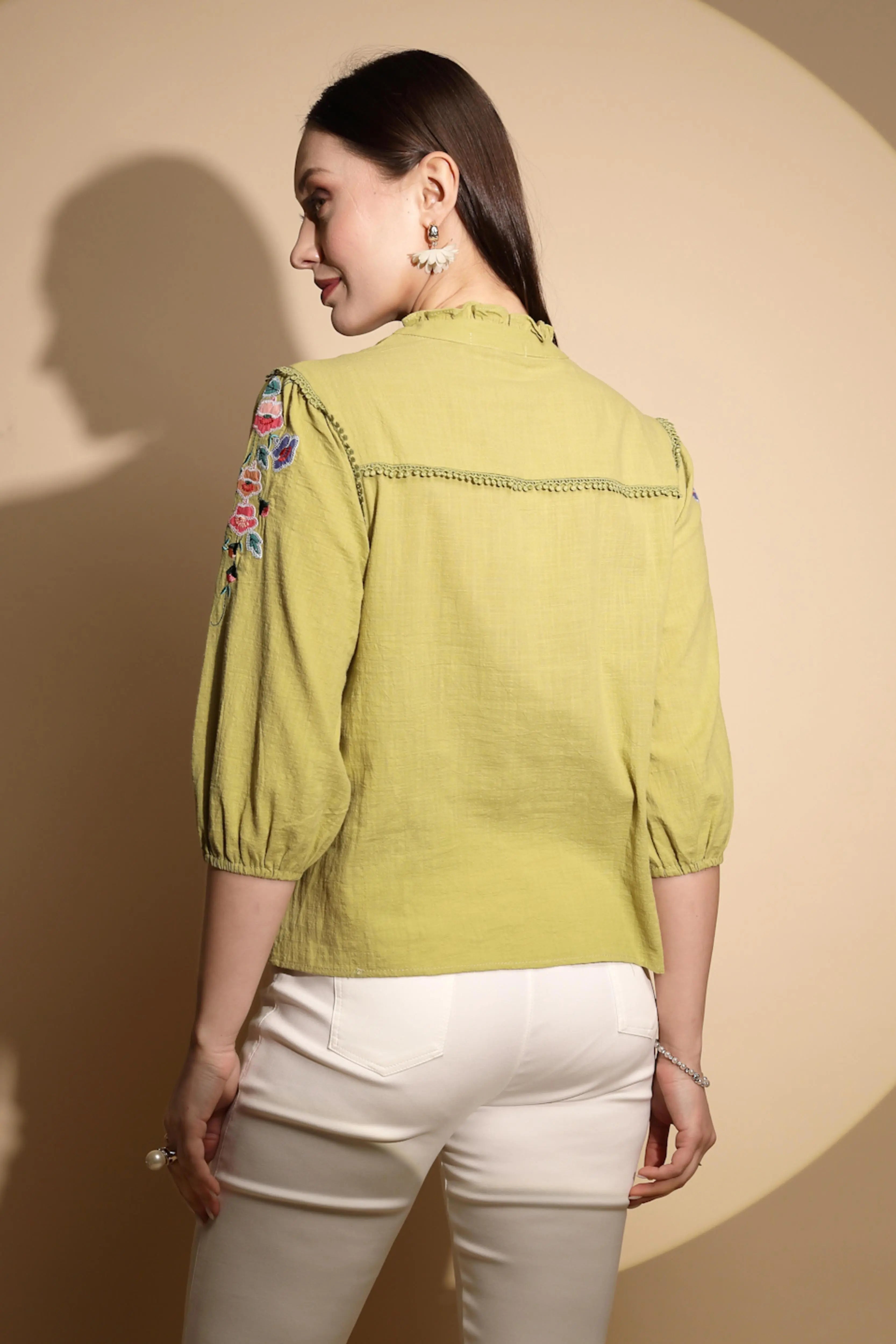 Green Cotton Regular Fit Blouson Top For Women - Global Republic