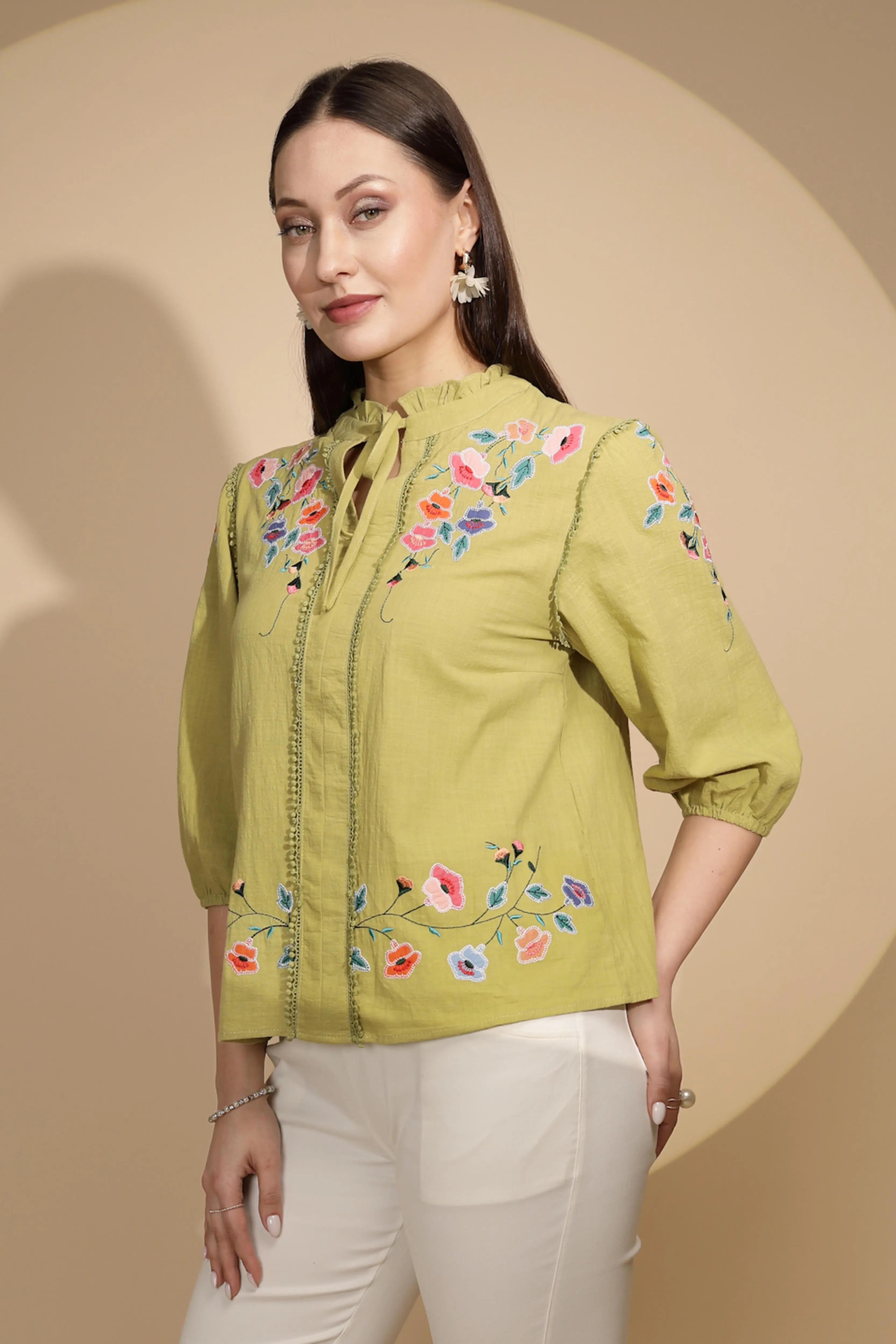 Green Cotton Regular Fit Blouson Top For Women - Global Republic