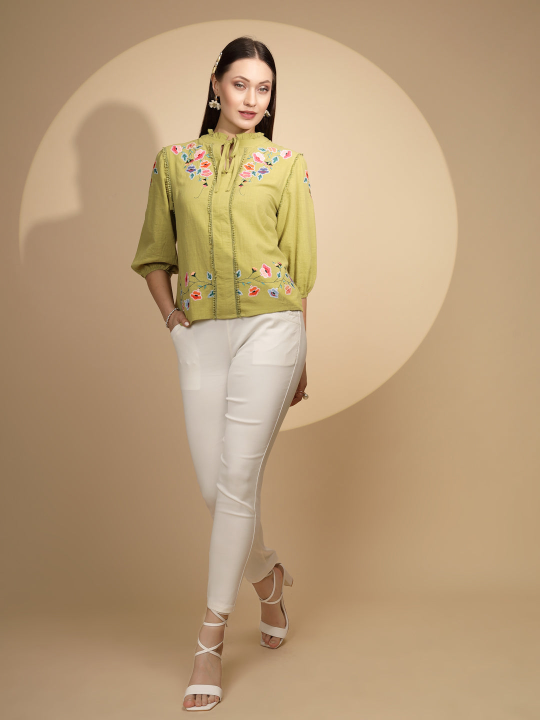 Green Cotton Regular Fit Blouson Top For Women - Global Republic