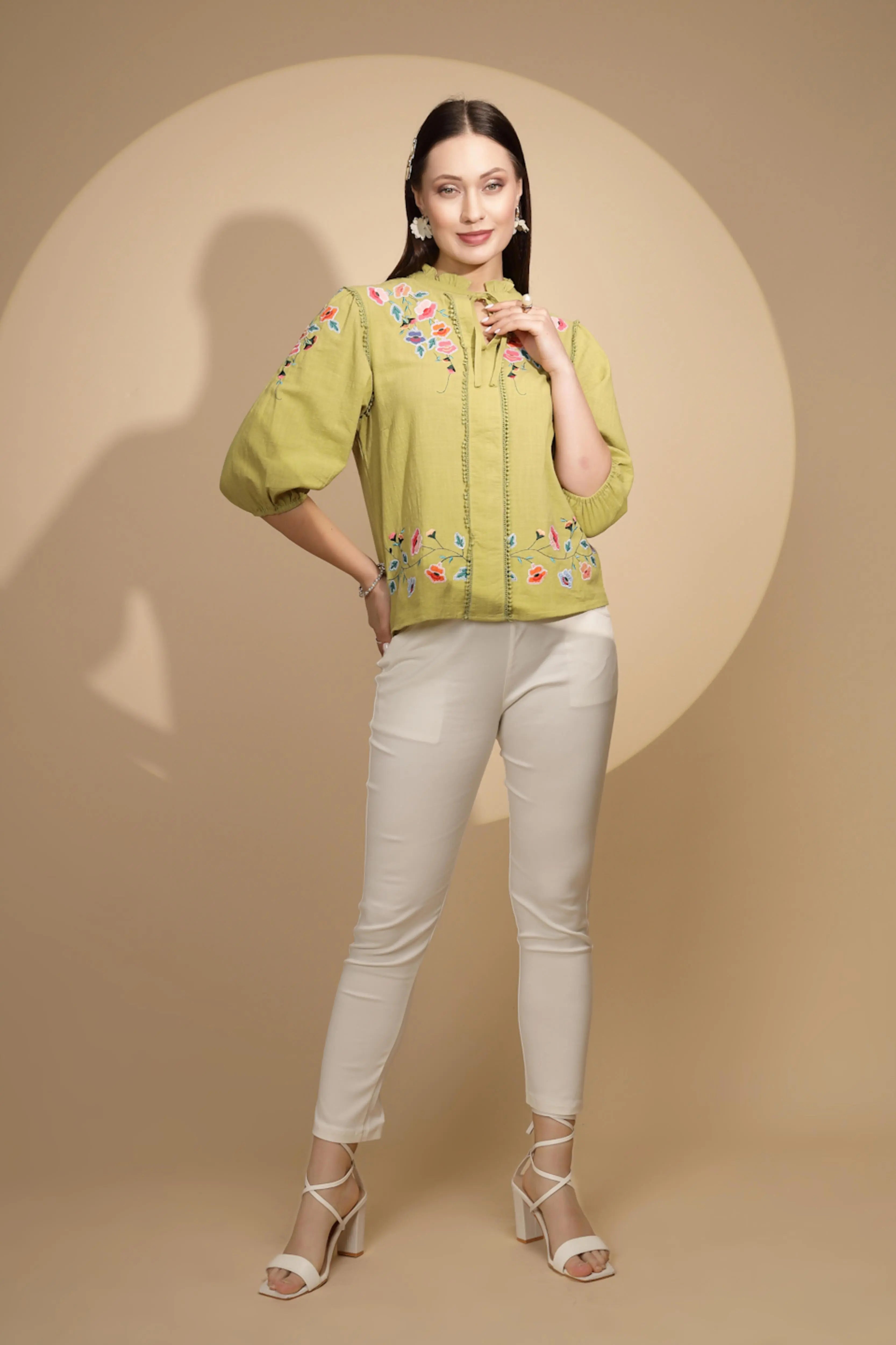 Green Cotton Regular Fit Blouson Top For Women - Global Republic