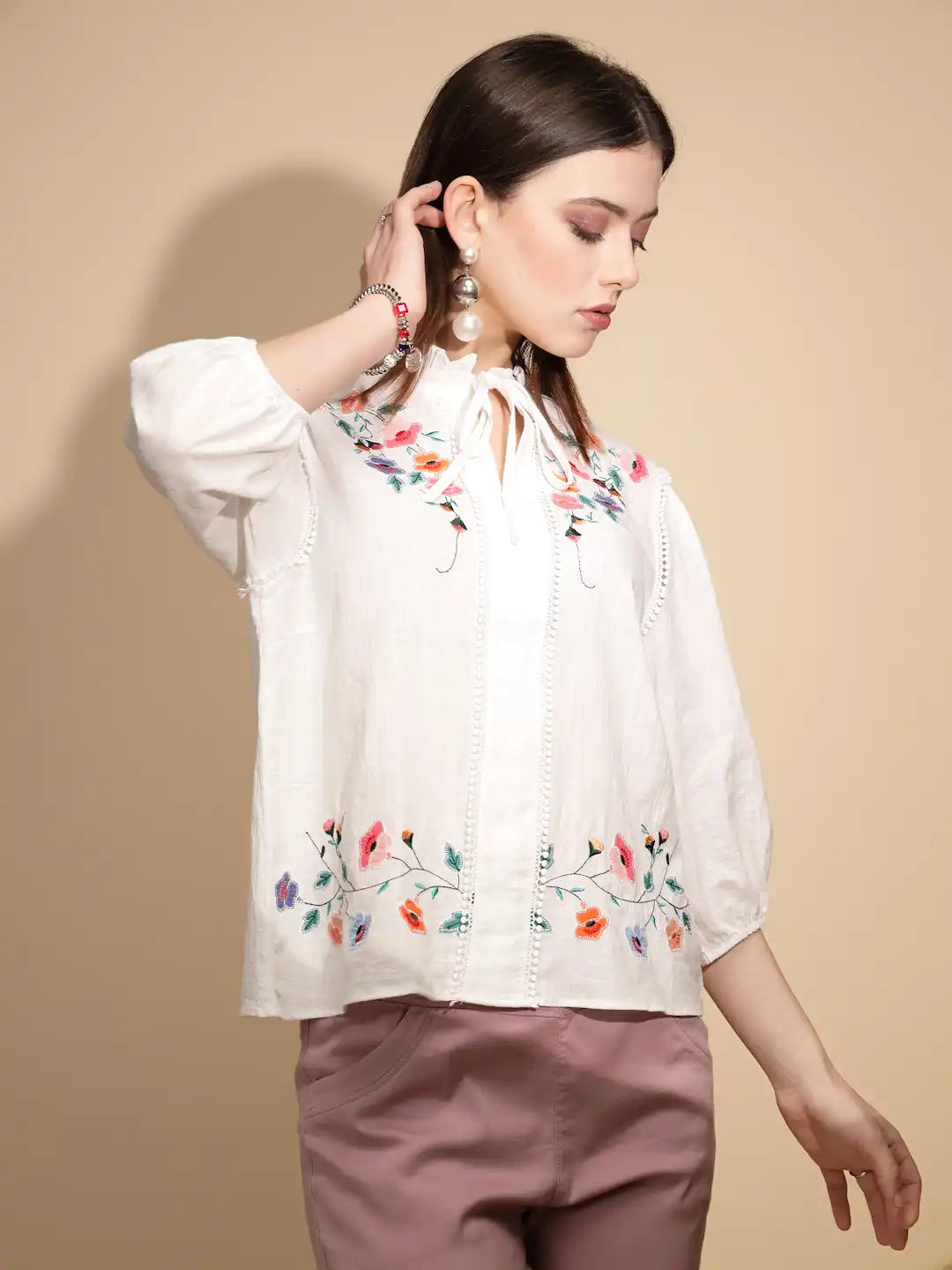 White Floral Embroidered Cotton Top - Global Republic