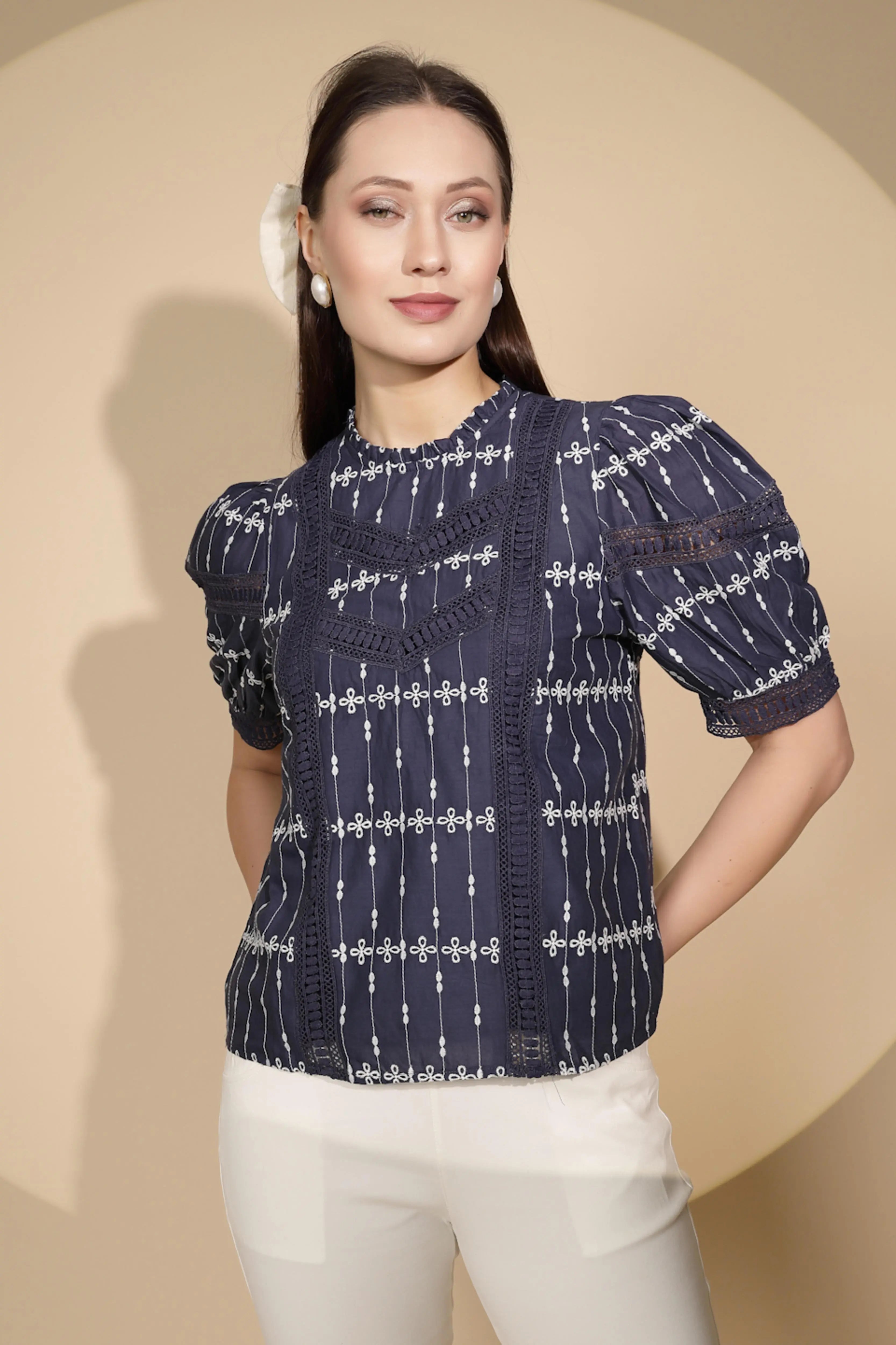 Navy Cotton Regular Fit Blouson Top - Global Republic
