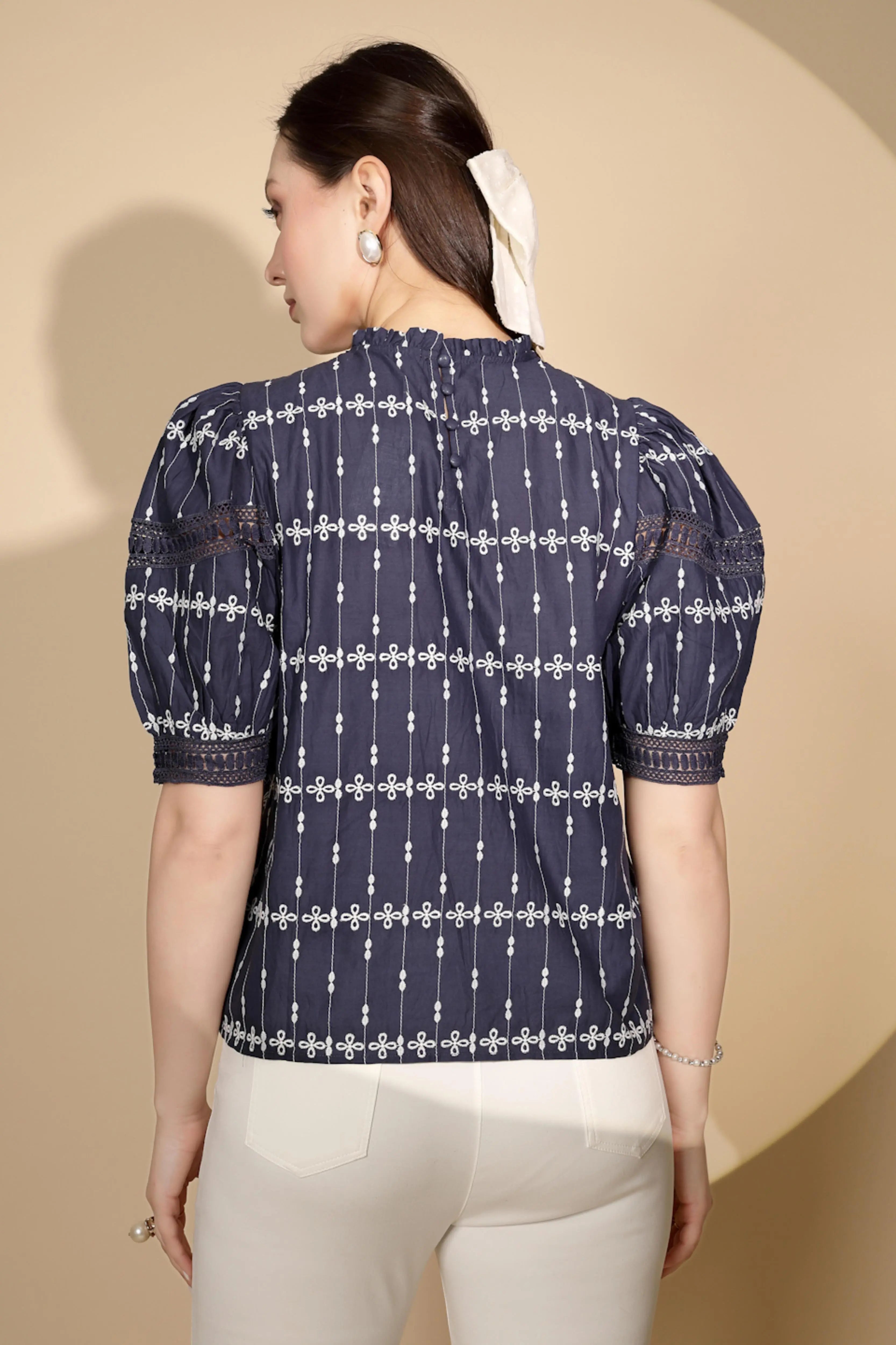 Navy Cotton Regular Fit Blouson Top - Global Republic