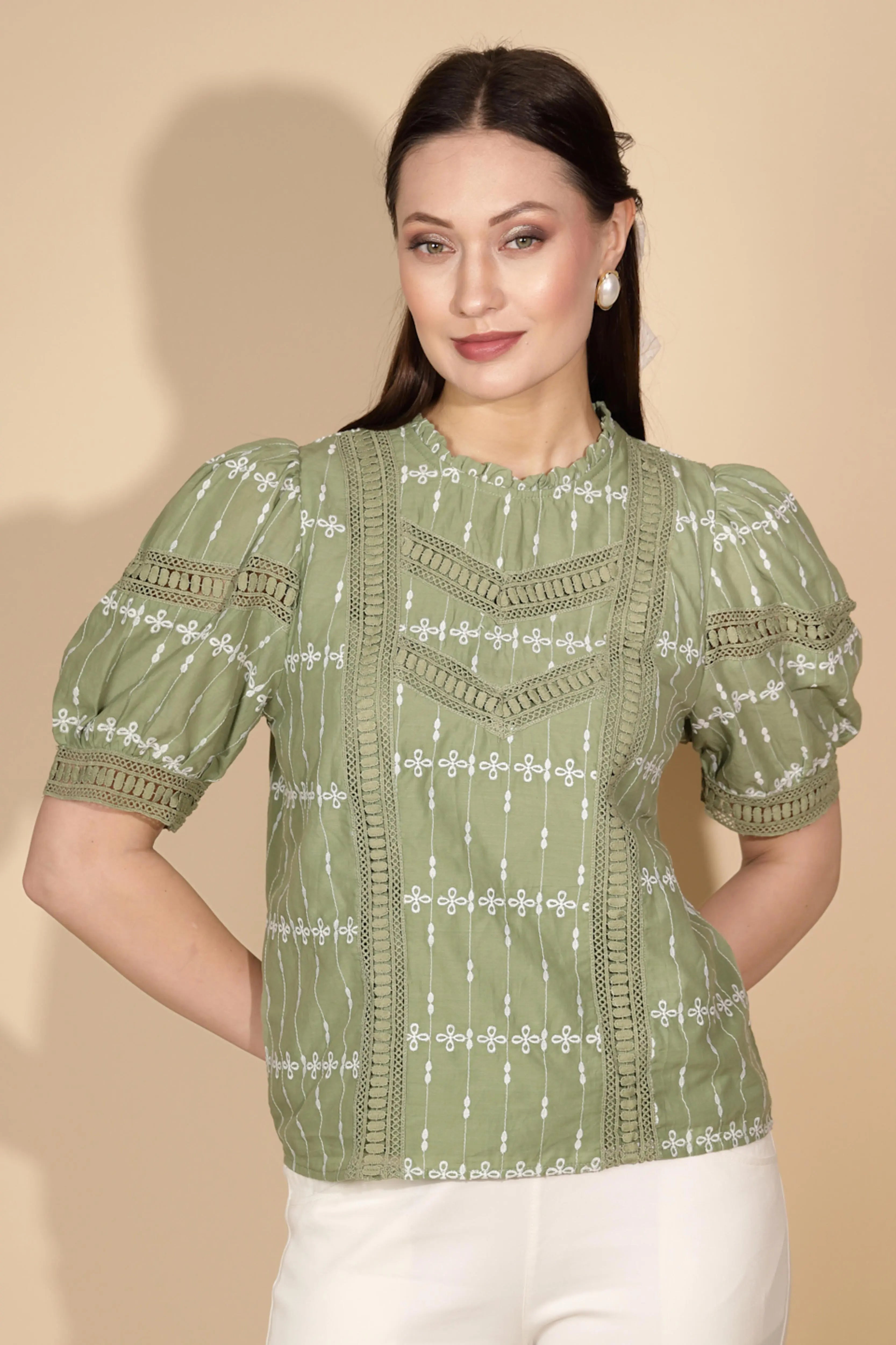 Green Cotton Regular Fit Blouson Top - Global Republic