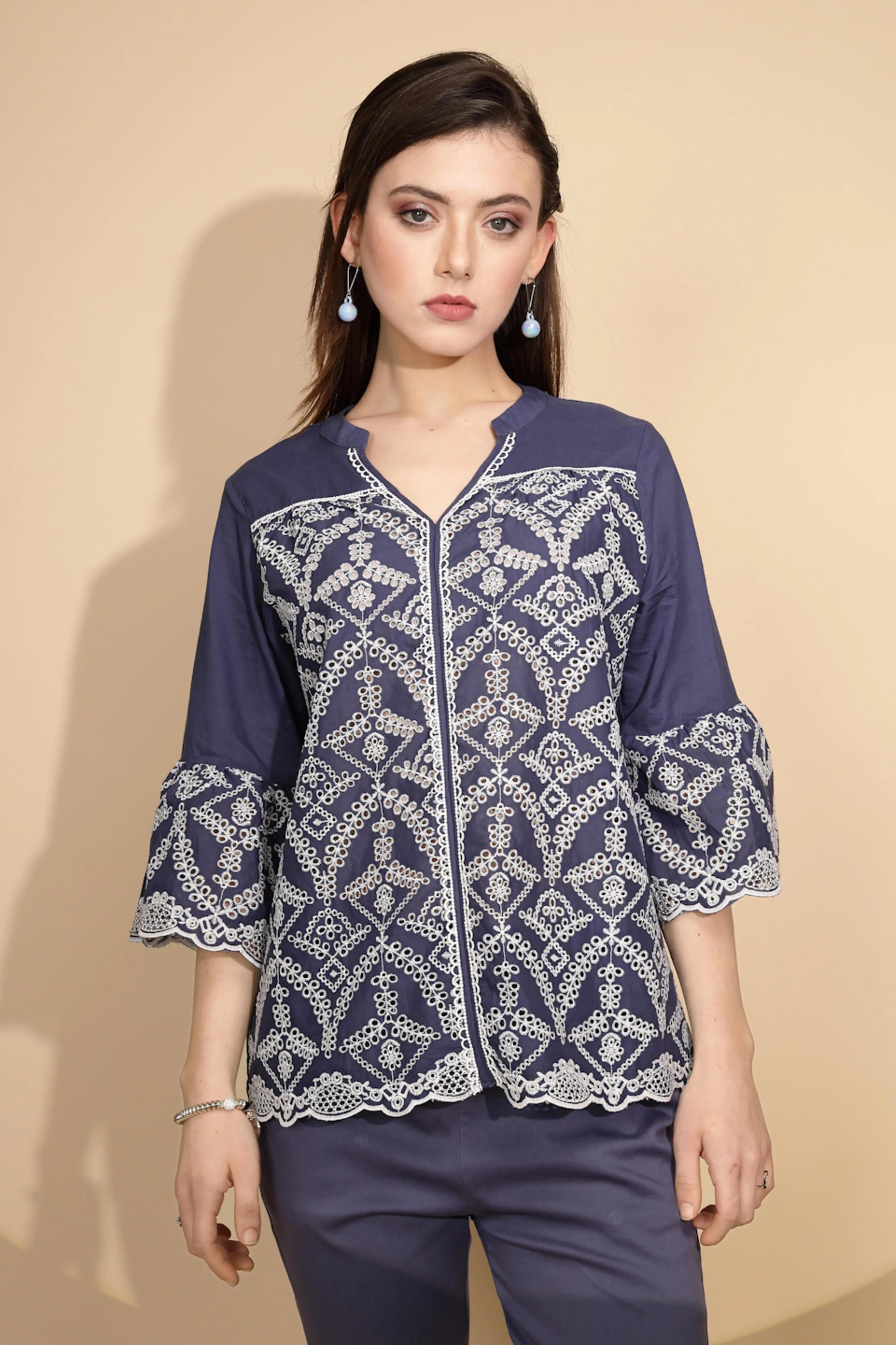 Navy Embroidered Cotton Top - Global Republic