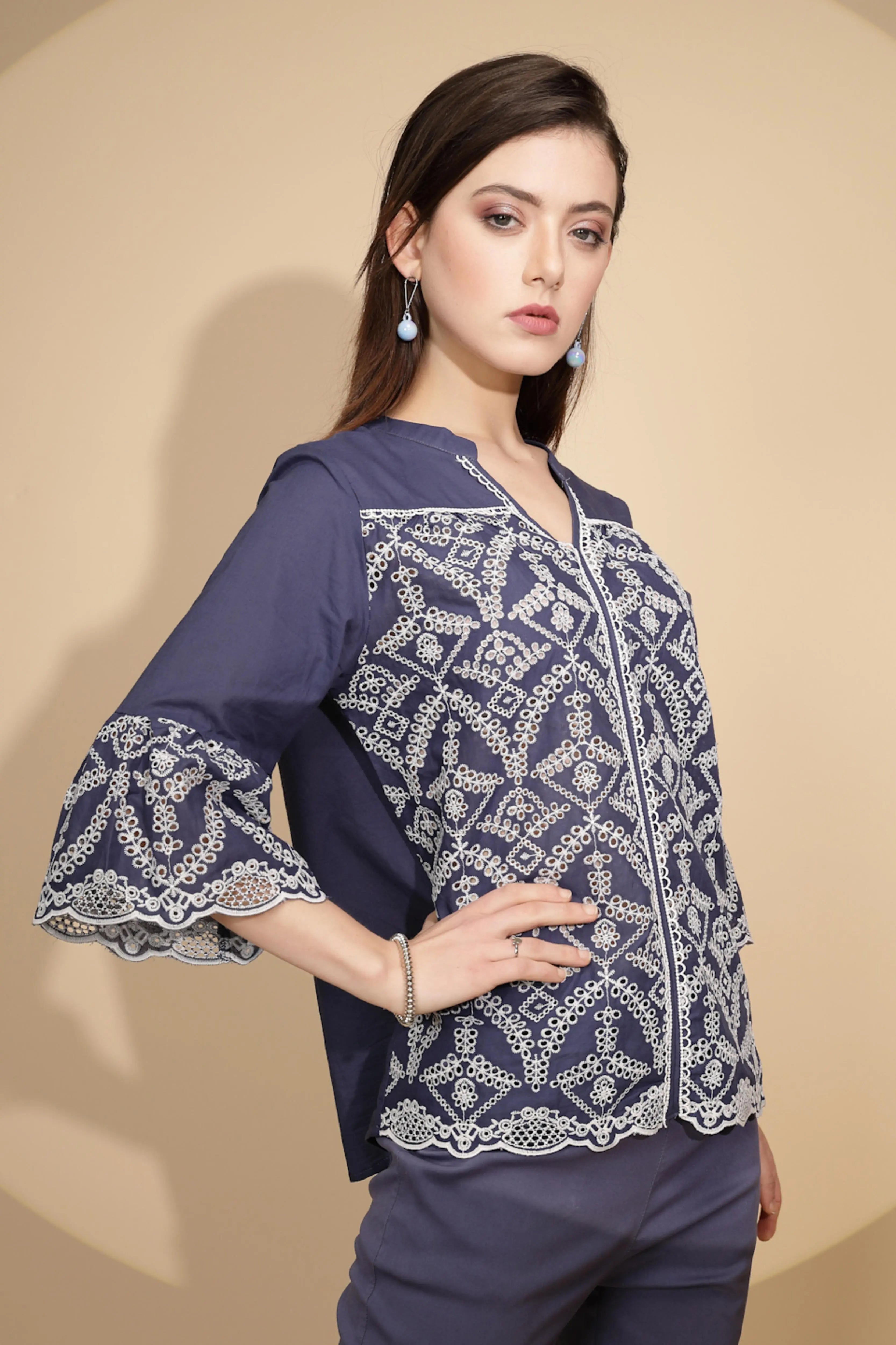 Navy Embroidered Cotton Top - Global Republic