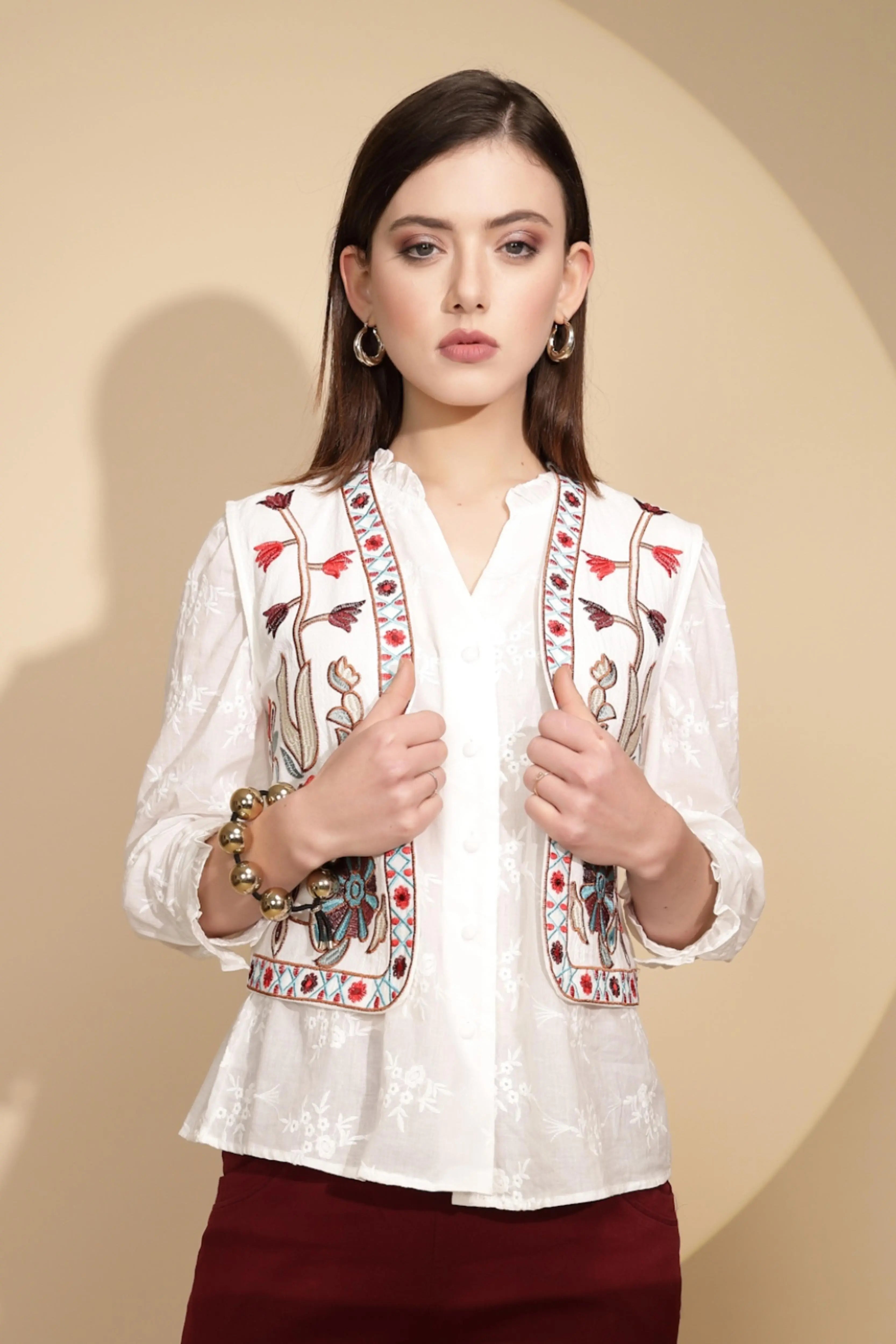 White Cotton Tailored Fit Waist Coat For Women - Global Republic