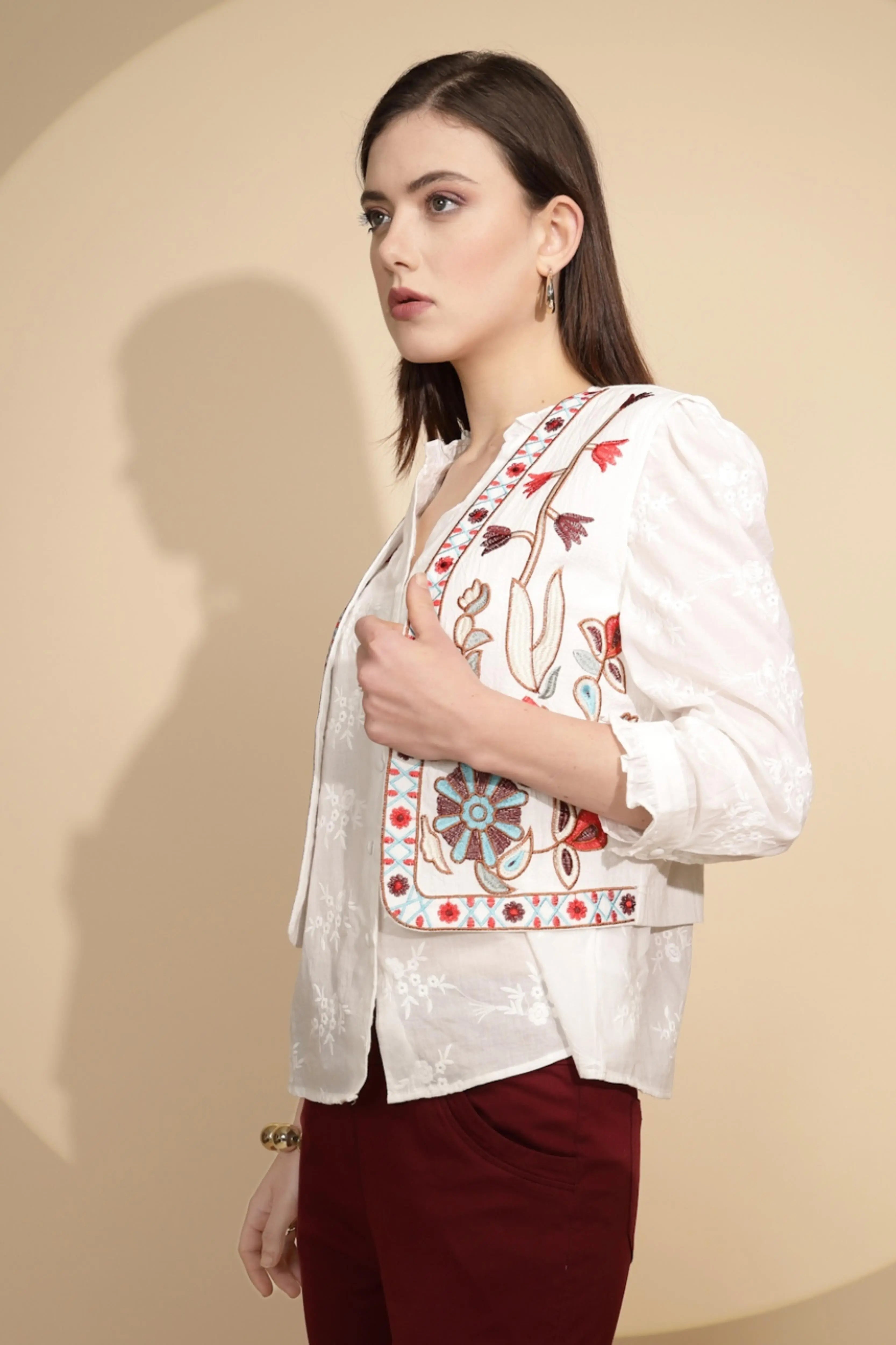 White Cotton Tailored Fit Waist Coat For Women - Global Republic