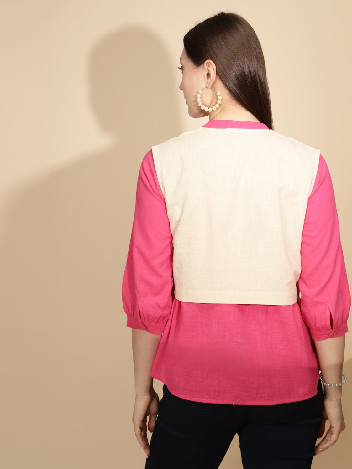 Beige Cotton Tailored Fit Waist Coat For Women - Global Republic