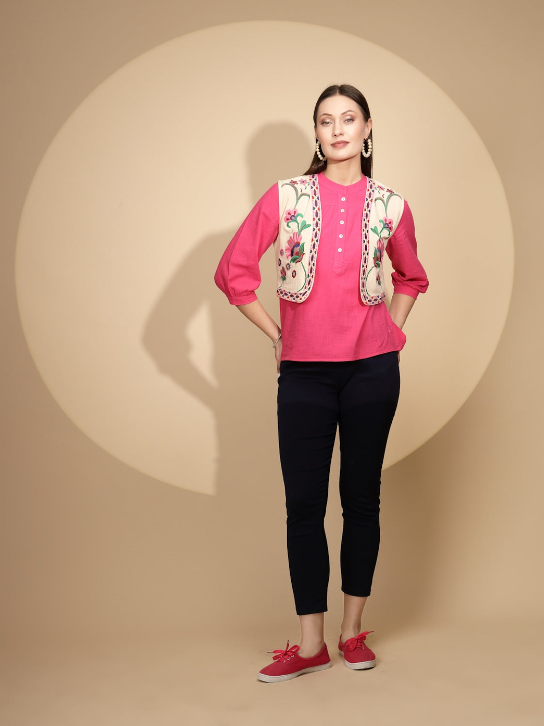 Beige Cotton Tailored Fit Waist Coat For Women - Global Republic