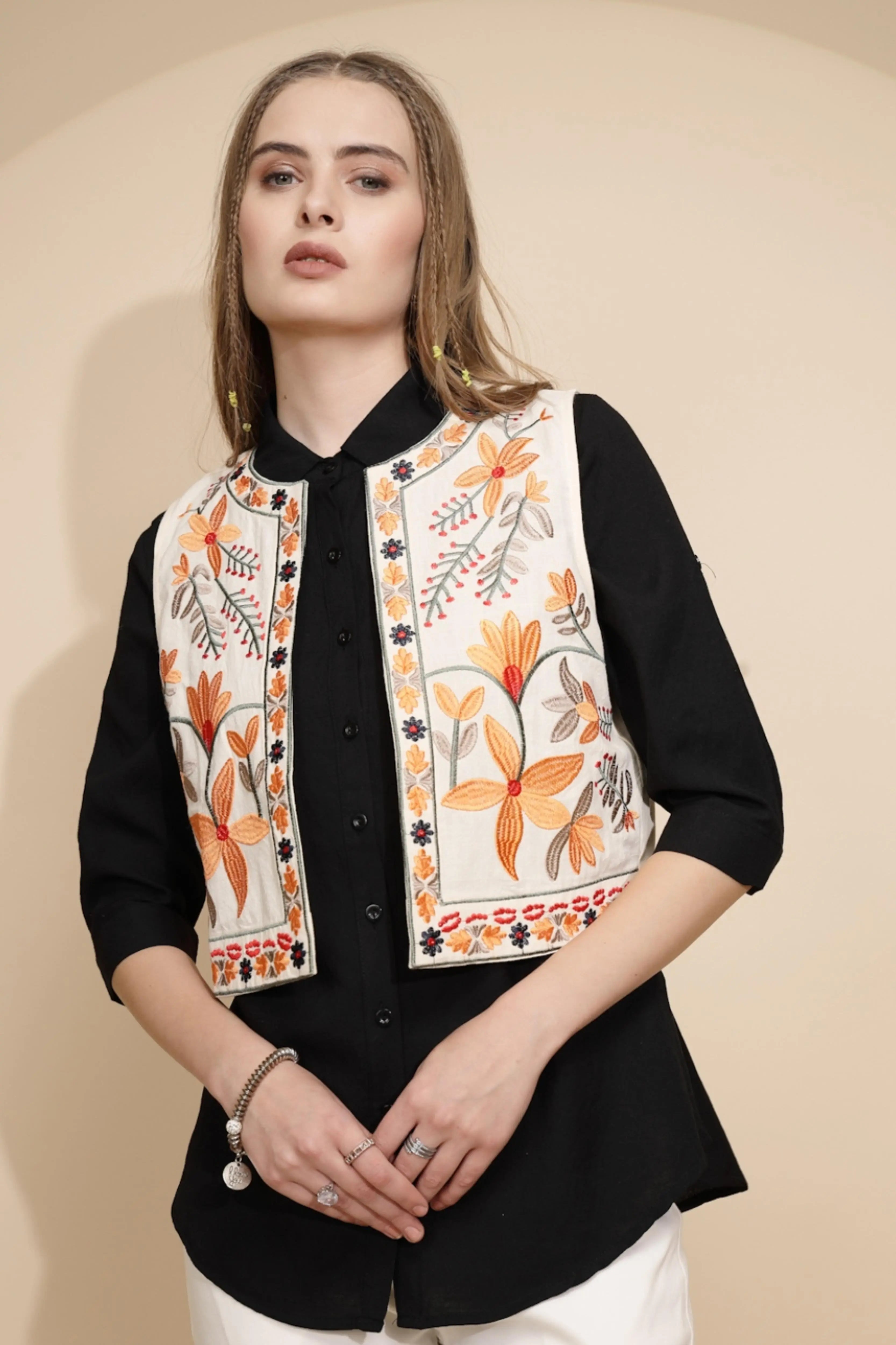 Cream Embroidered Waist Coat - Global Republic