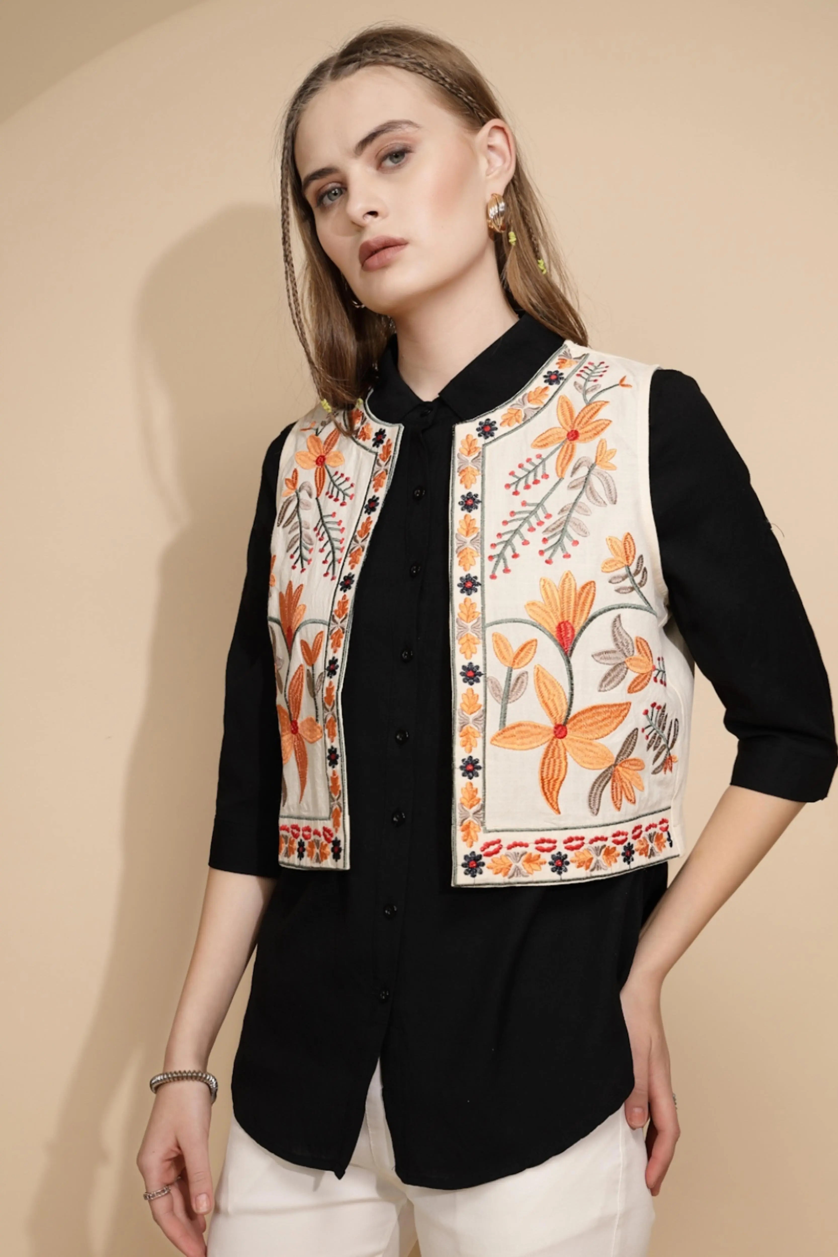 Cream Embroidered Waist Coat - Global Republic