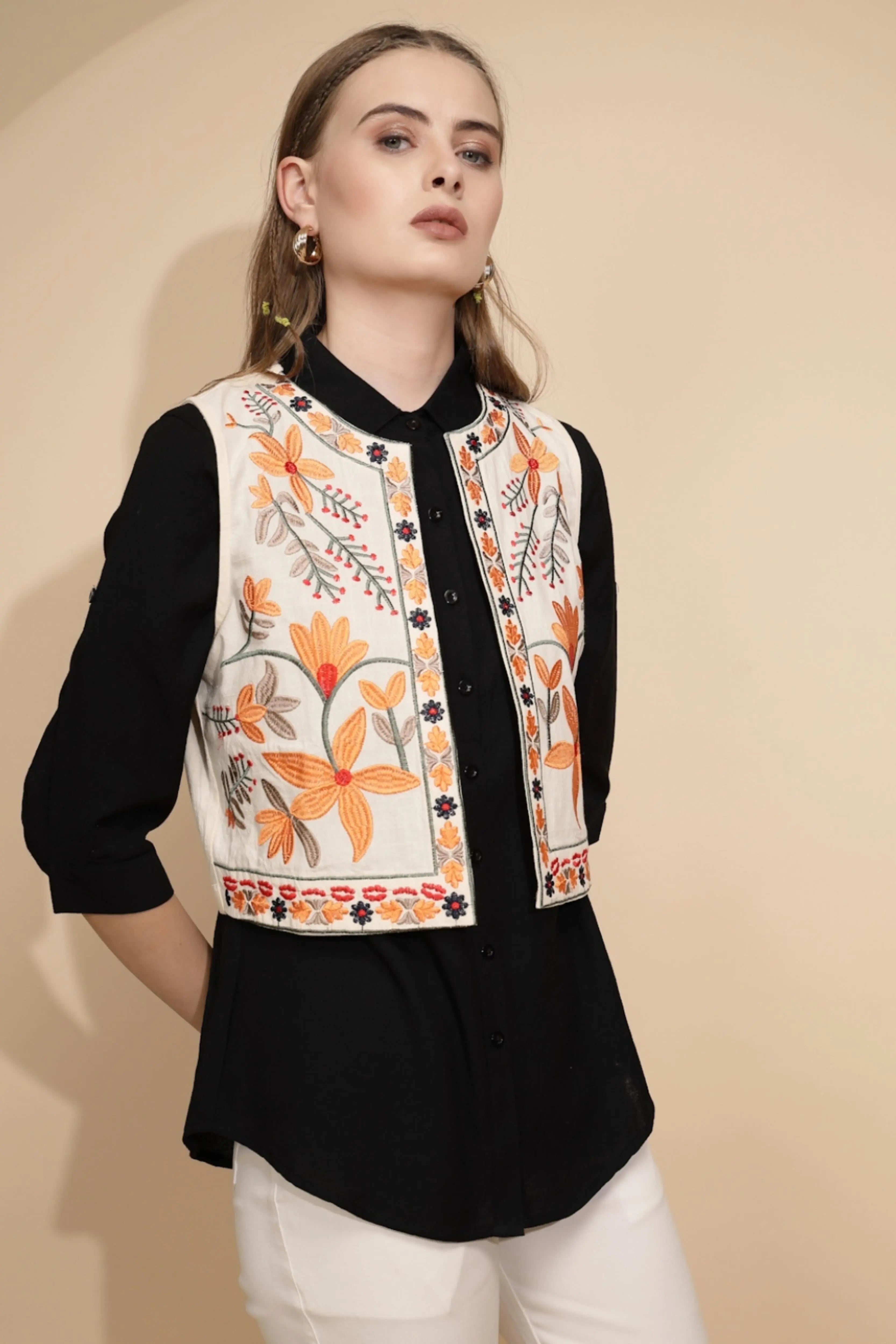 Cream Embroidered Waist Coat - Global Republic
