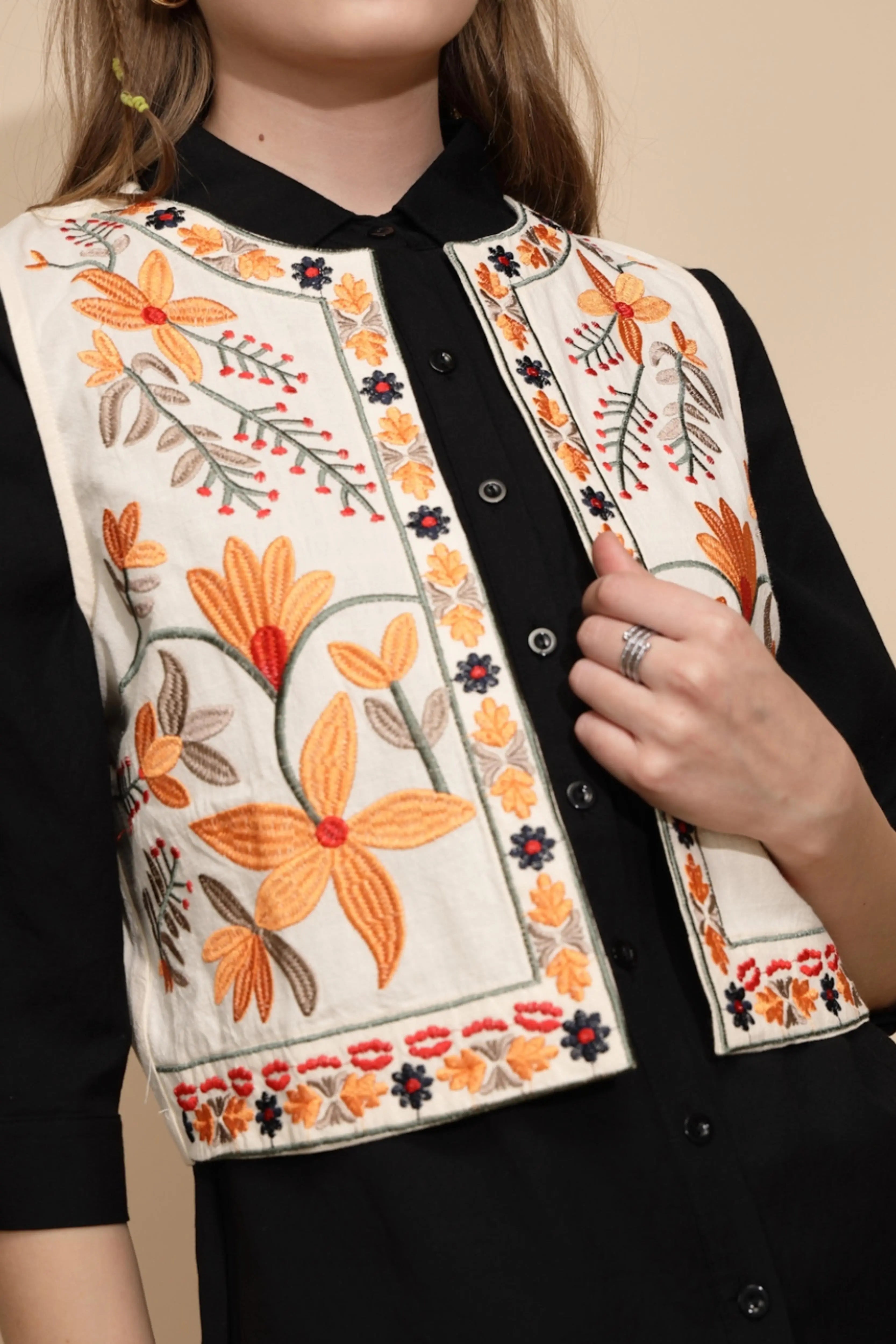 Cream Embroidered Waist Coat - Global Republic