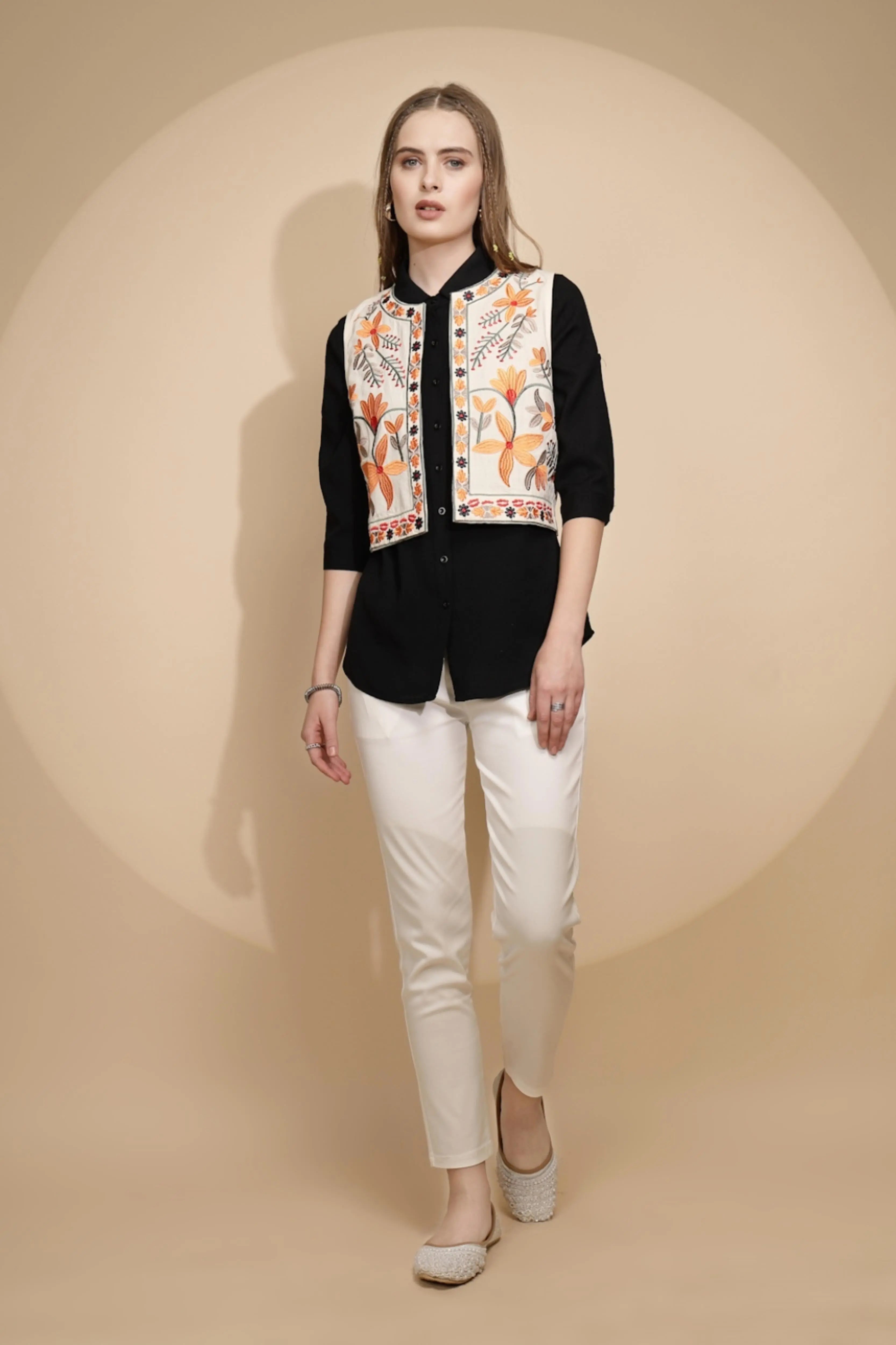Cream Embroidered Waist Coat - Global Republic