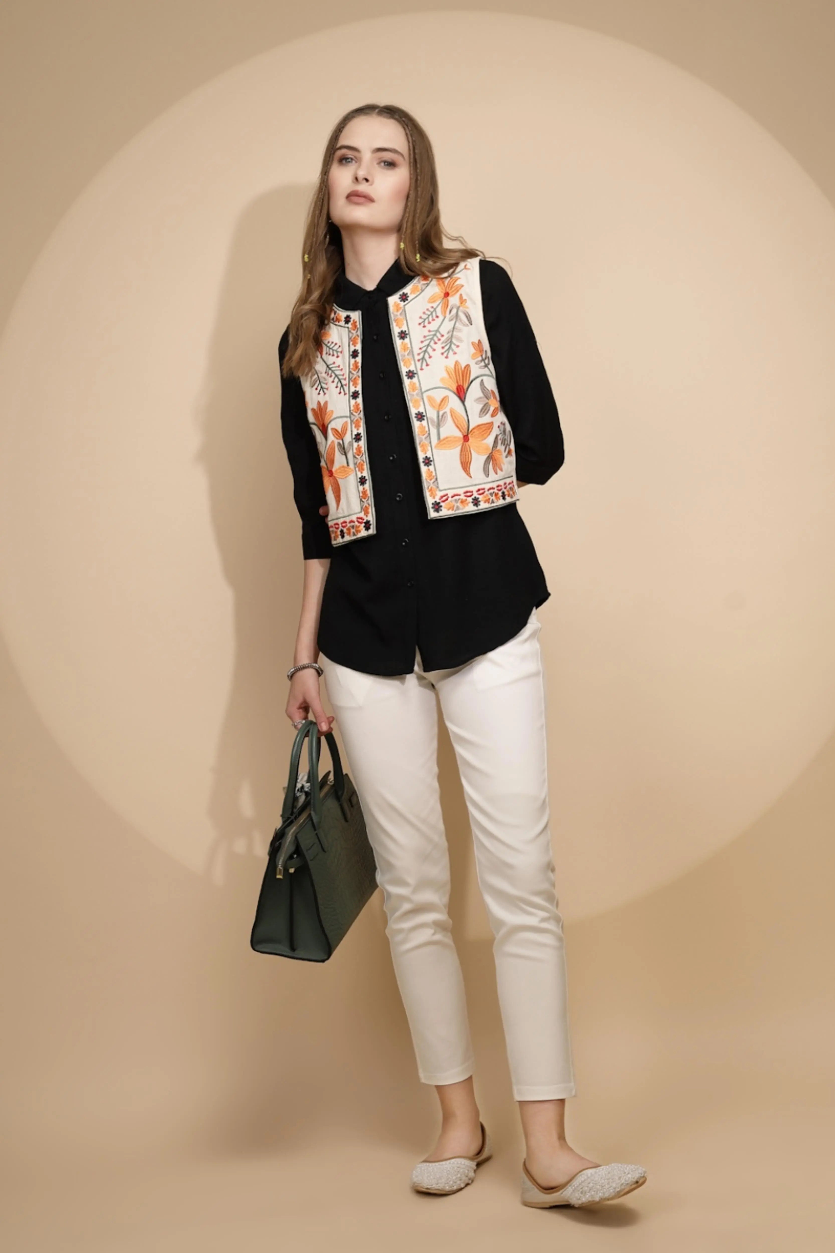 Cream Embroidered Waist Coat - Global Republic