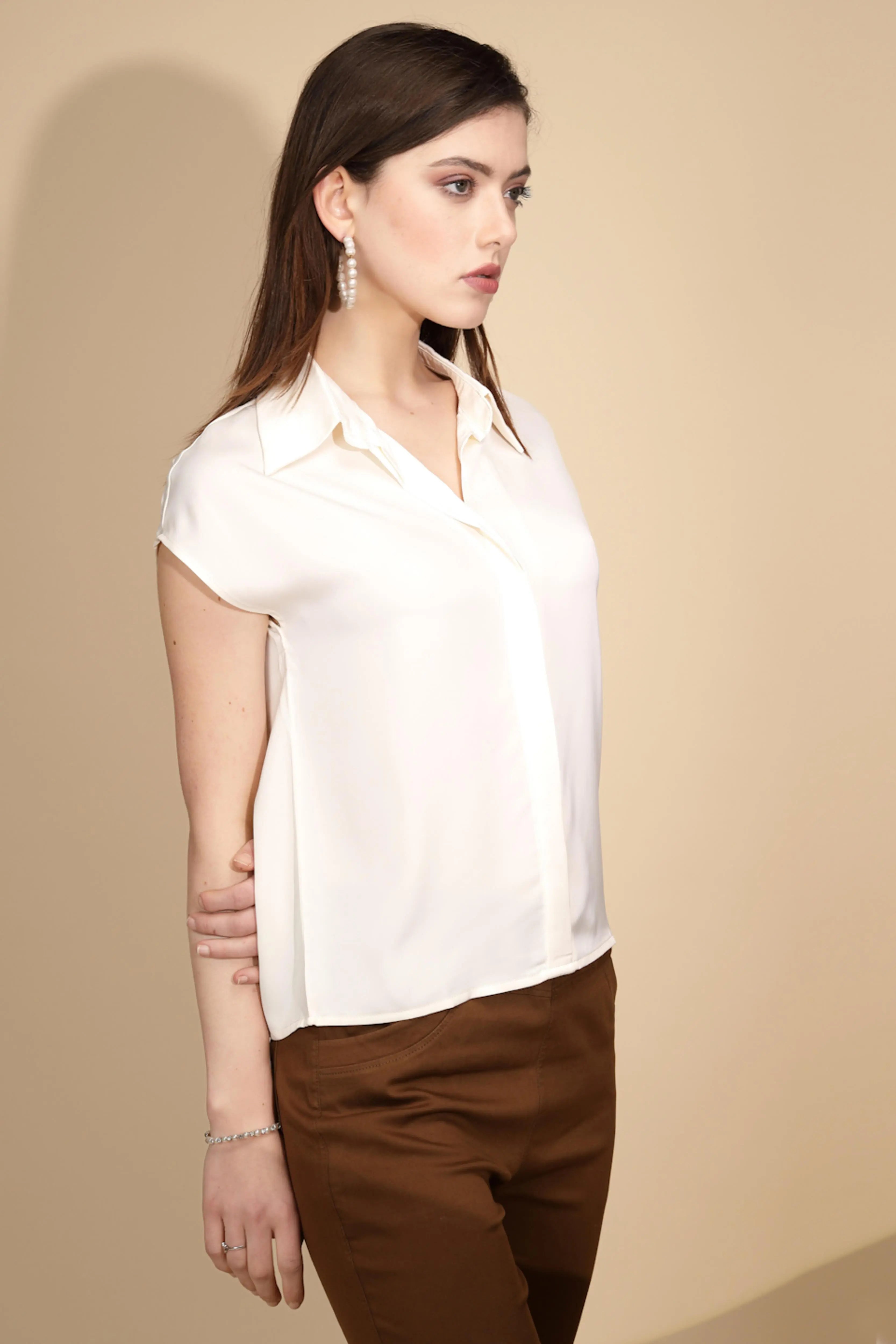 Cream Satin Loose Fit Formal Shirt - Global Republic