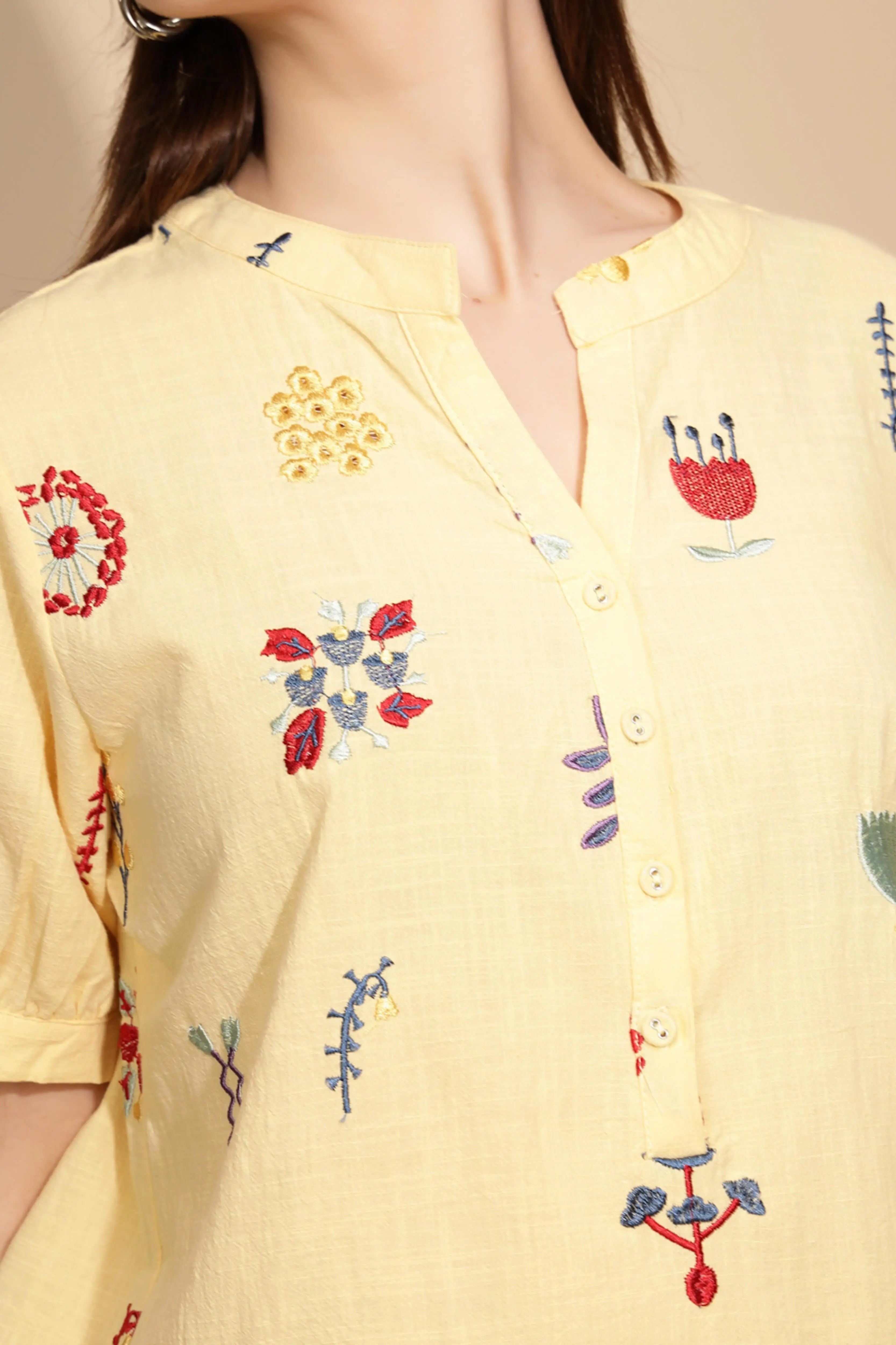 Yellow Embroidered Cotton Top - Global Republic