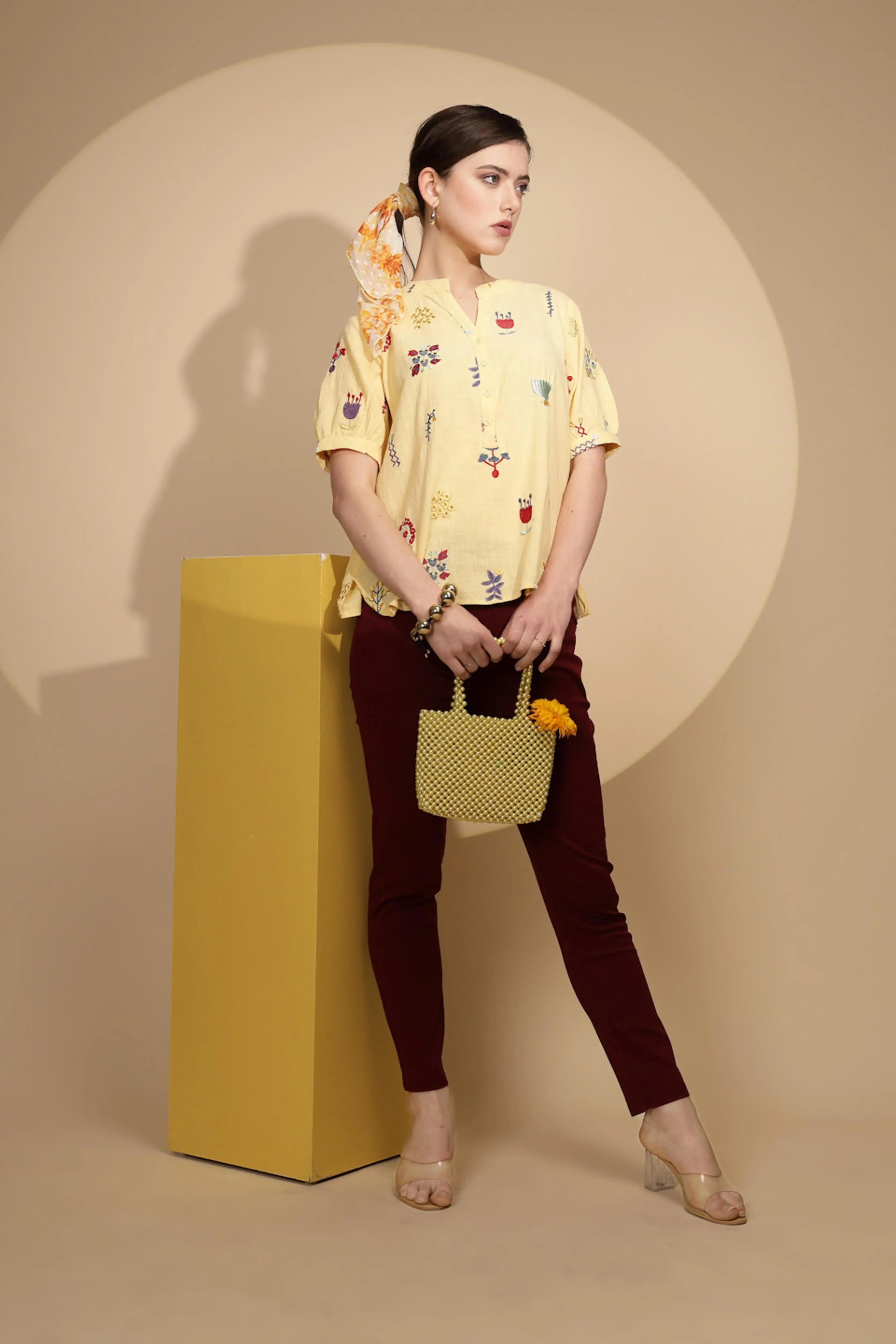 Yellow Embroidered Cotton Top - Global Republic