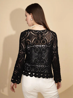 Black Cotton Blend Regular Fit Shrug For Women