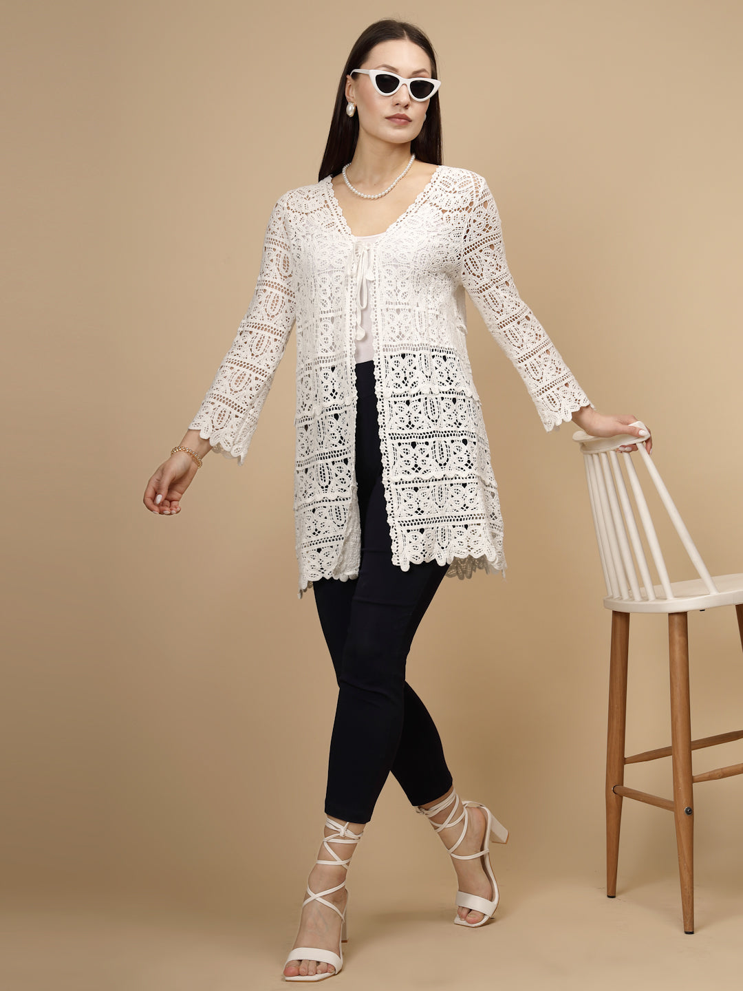 White Cotton Blend Long Shrug - Global Republic