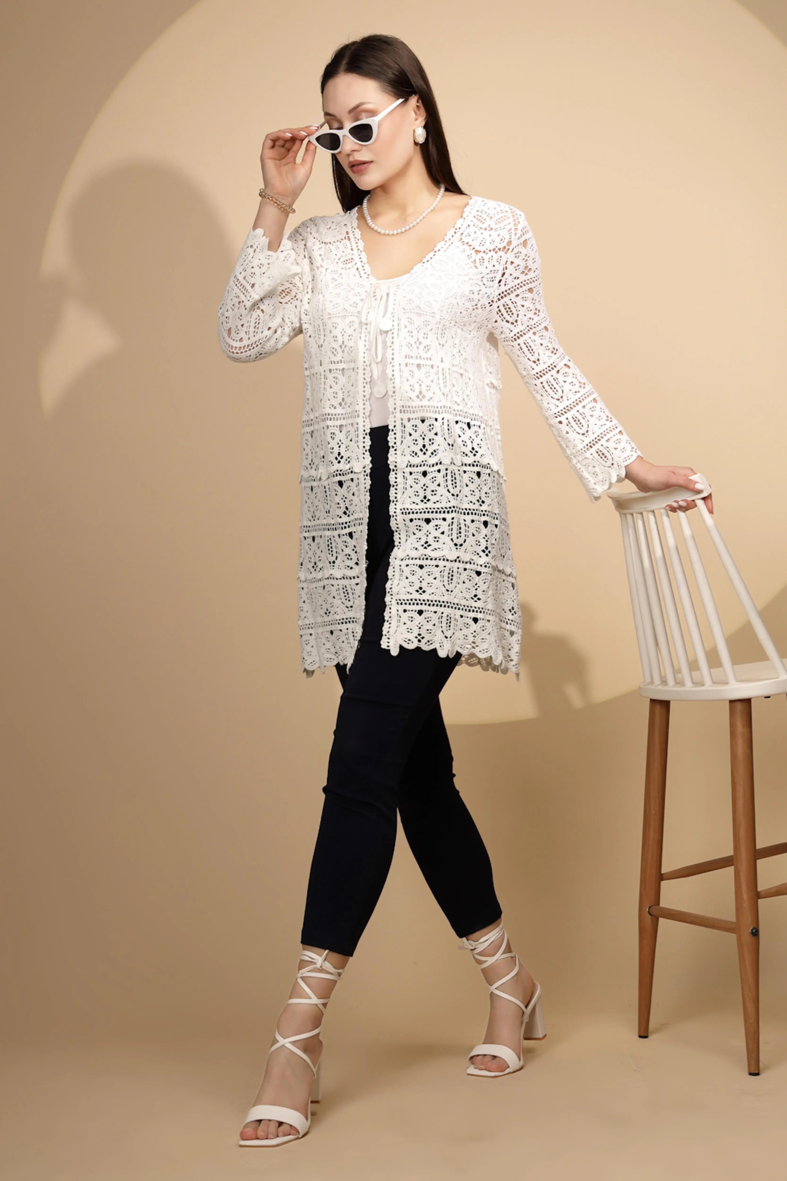 White Cotton Blend Long Shrug