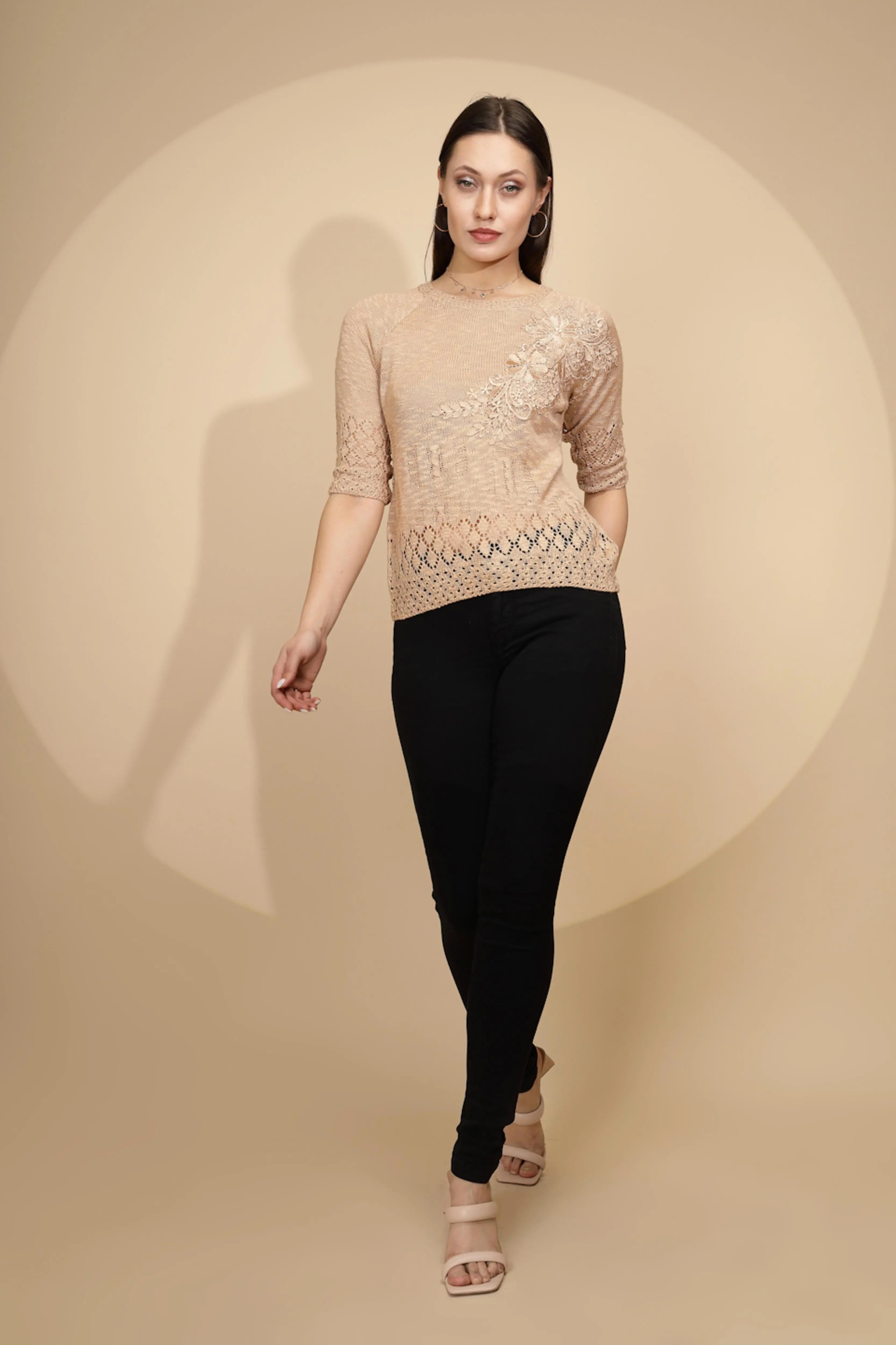 Beige Rayon Regular Fit Top For Women - Global Republic