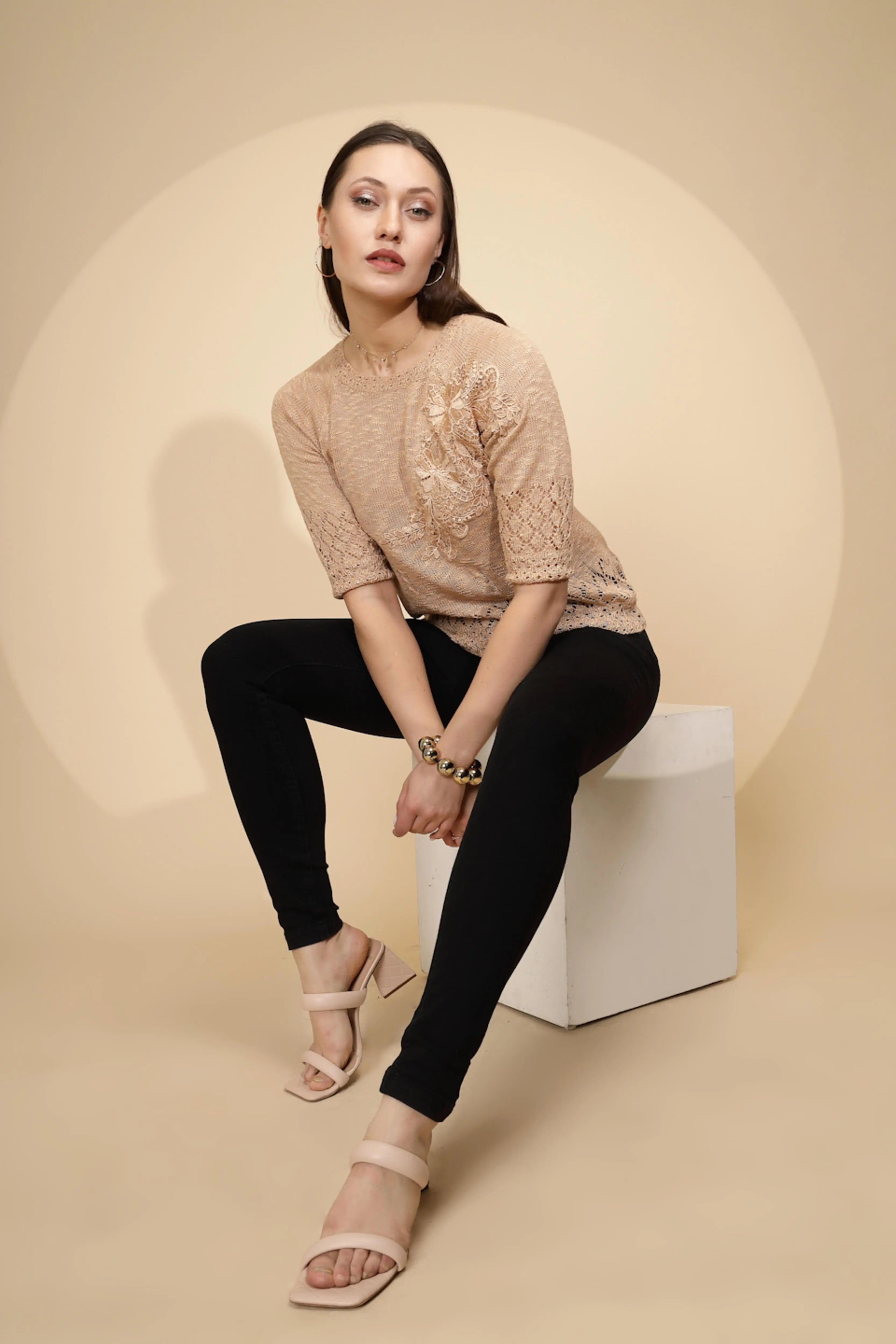 Beige Rayon Regular Fit Top For Women - Global Republic