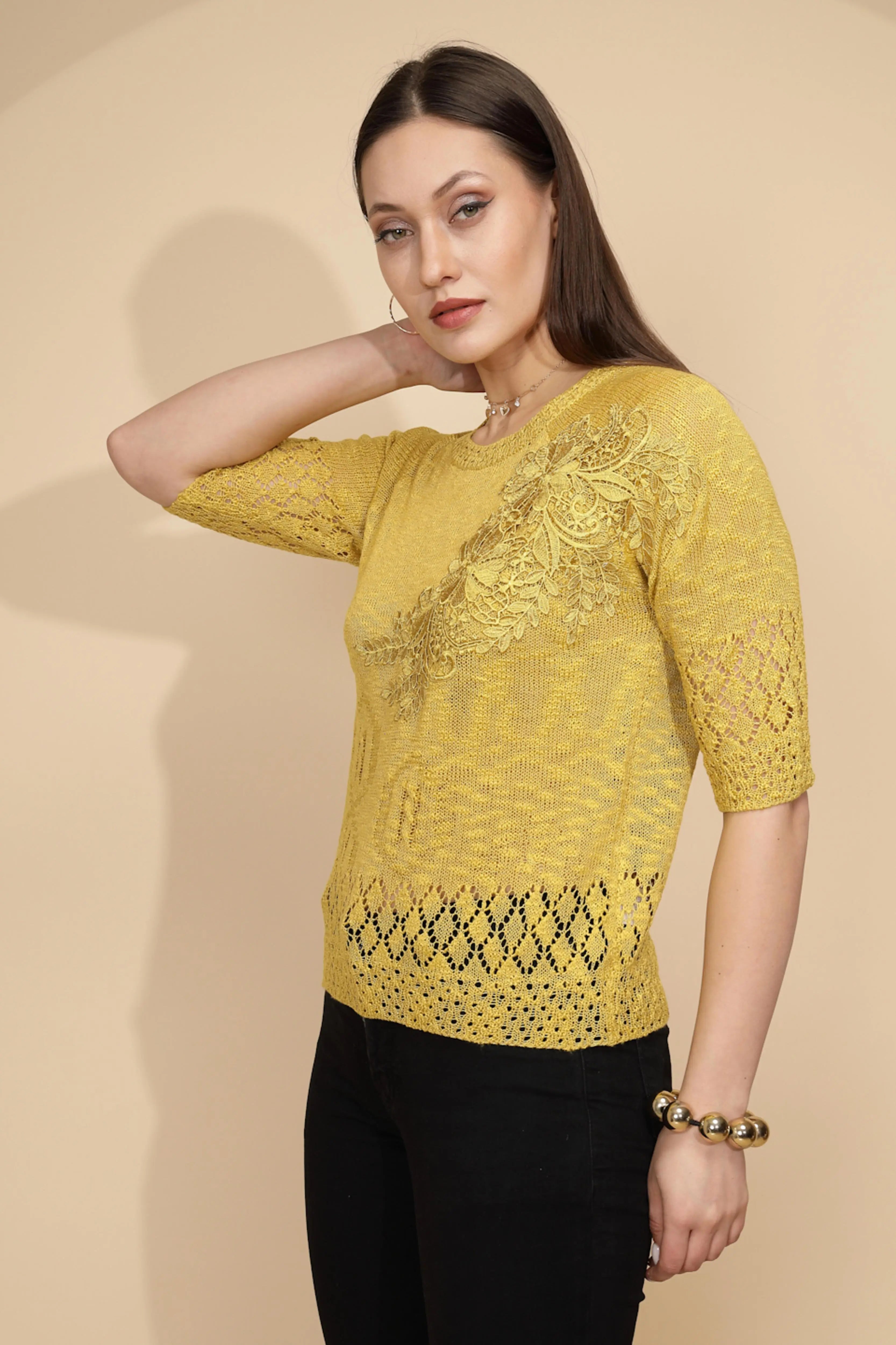 Yellow Rayon Regular Fit Top For Women - Global Republic